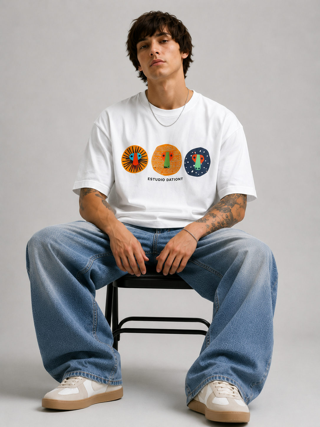 Primal Faces Patchwork Oversized T-Shirt – White - View 2