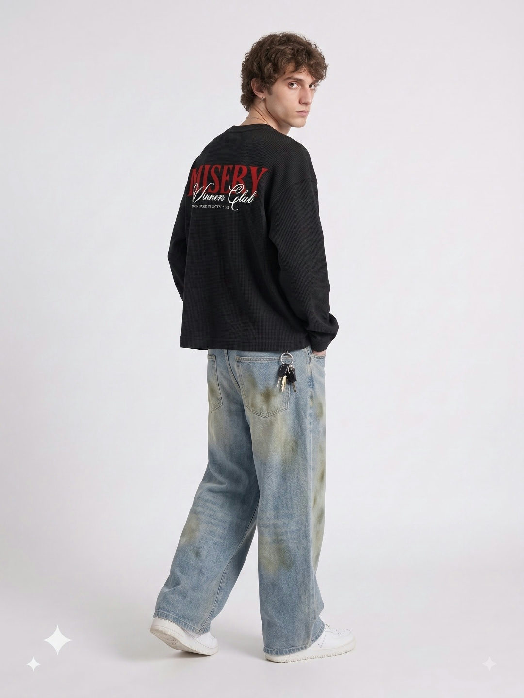 Mystery Oversized Full Sleeves Waffle Knit T-Shirt – Black - View 4