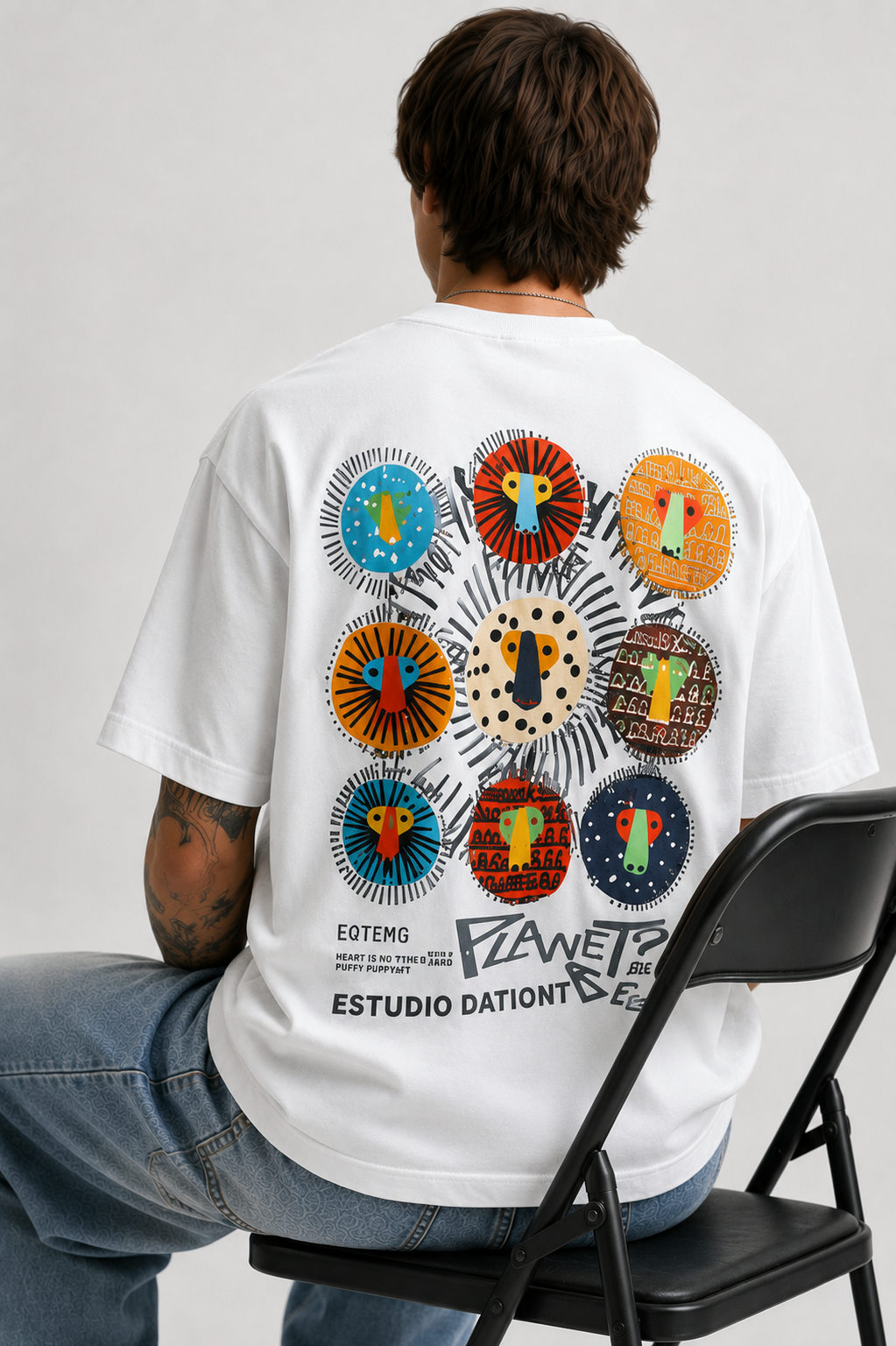 Primal Faces Patchwork Oversized T-Shirt – White - View 5