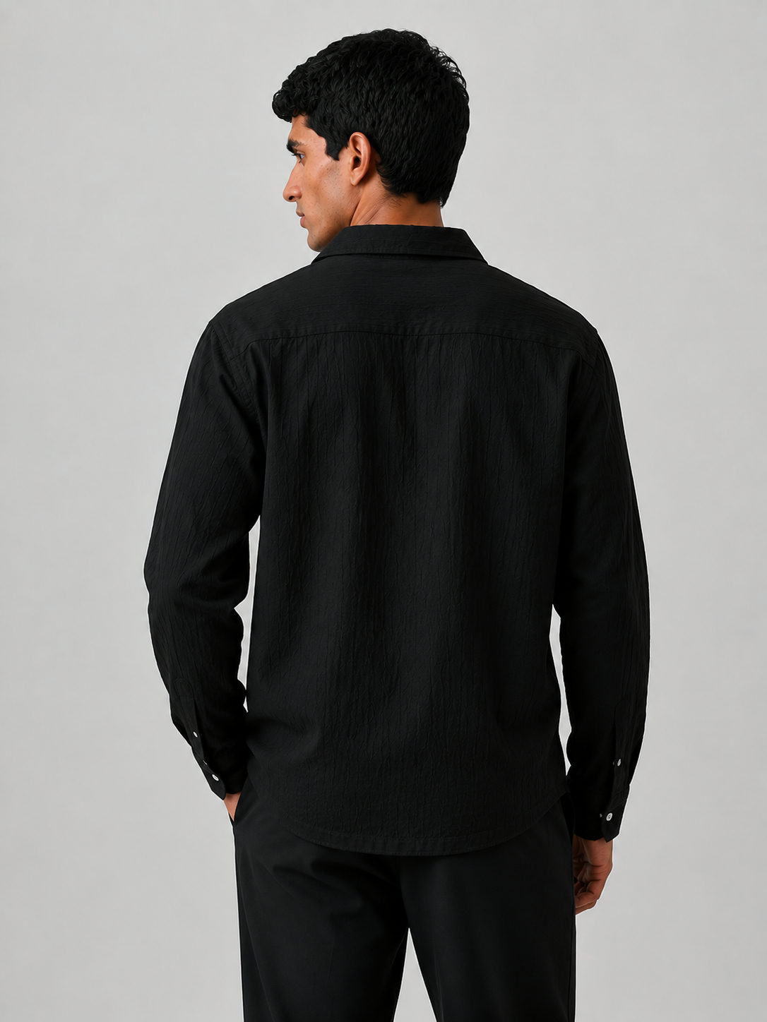 Crinkle Textured Full Sleeve Shirt  - Black boxy fit Shirt gauze - View 4