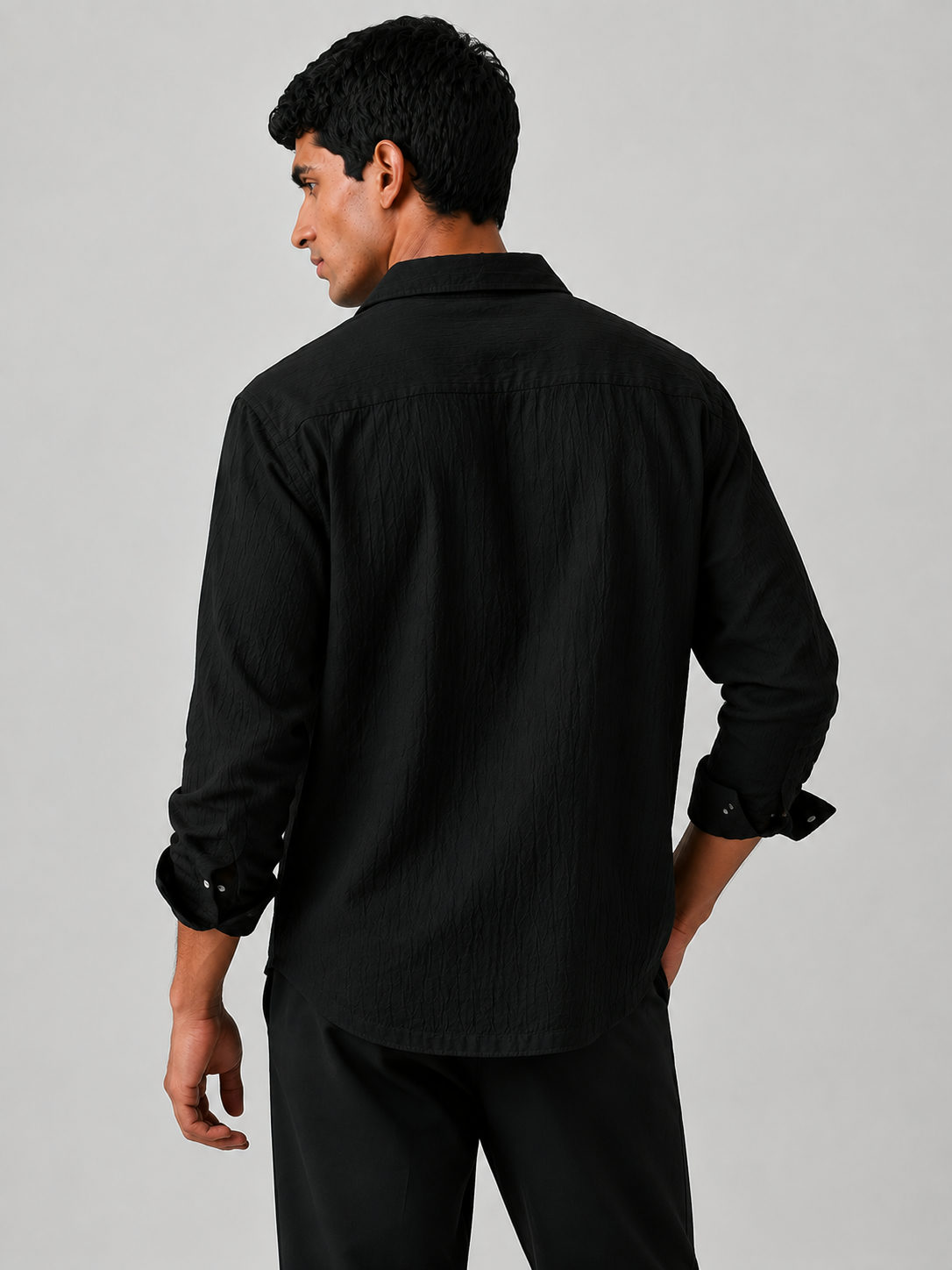 Crinkle Textured Full Sleeve Shirt  - Black boxy fit Shirt gauze - View 5