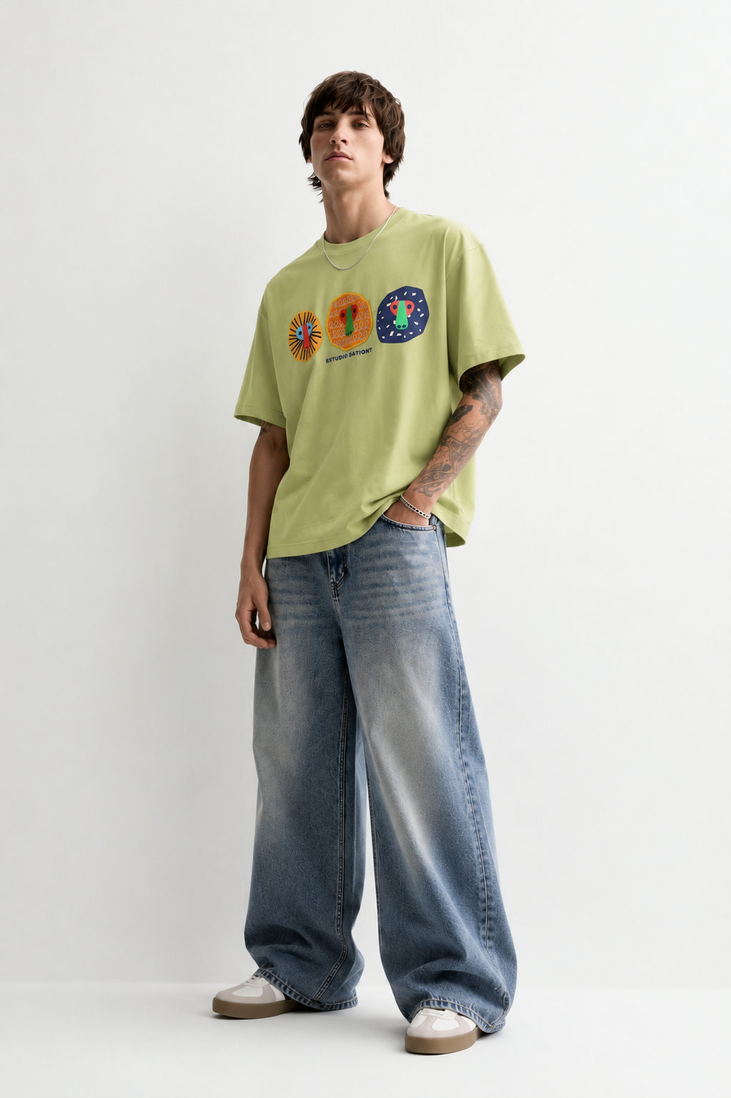 Primal Faces Oversized Tencel T-Shirt – Lime Green - View 5