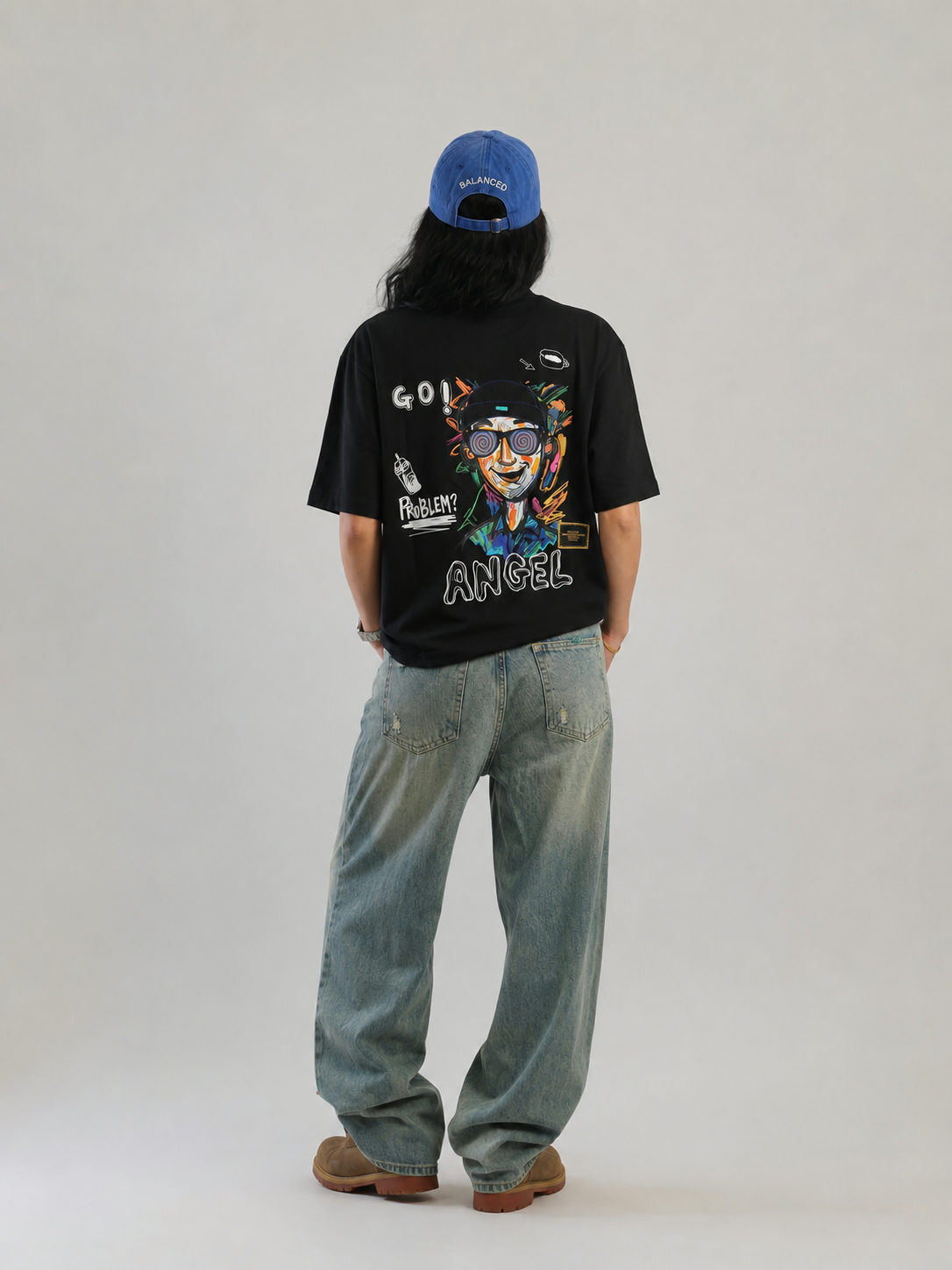 Angel Embroidered Oversized T-Shirt – Black (240 GSM Tencel Cotton) - View 3