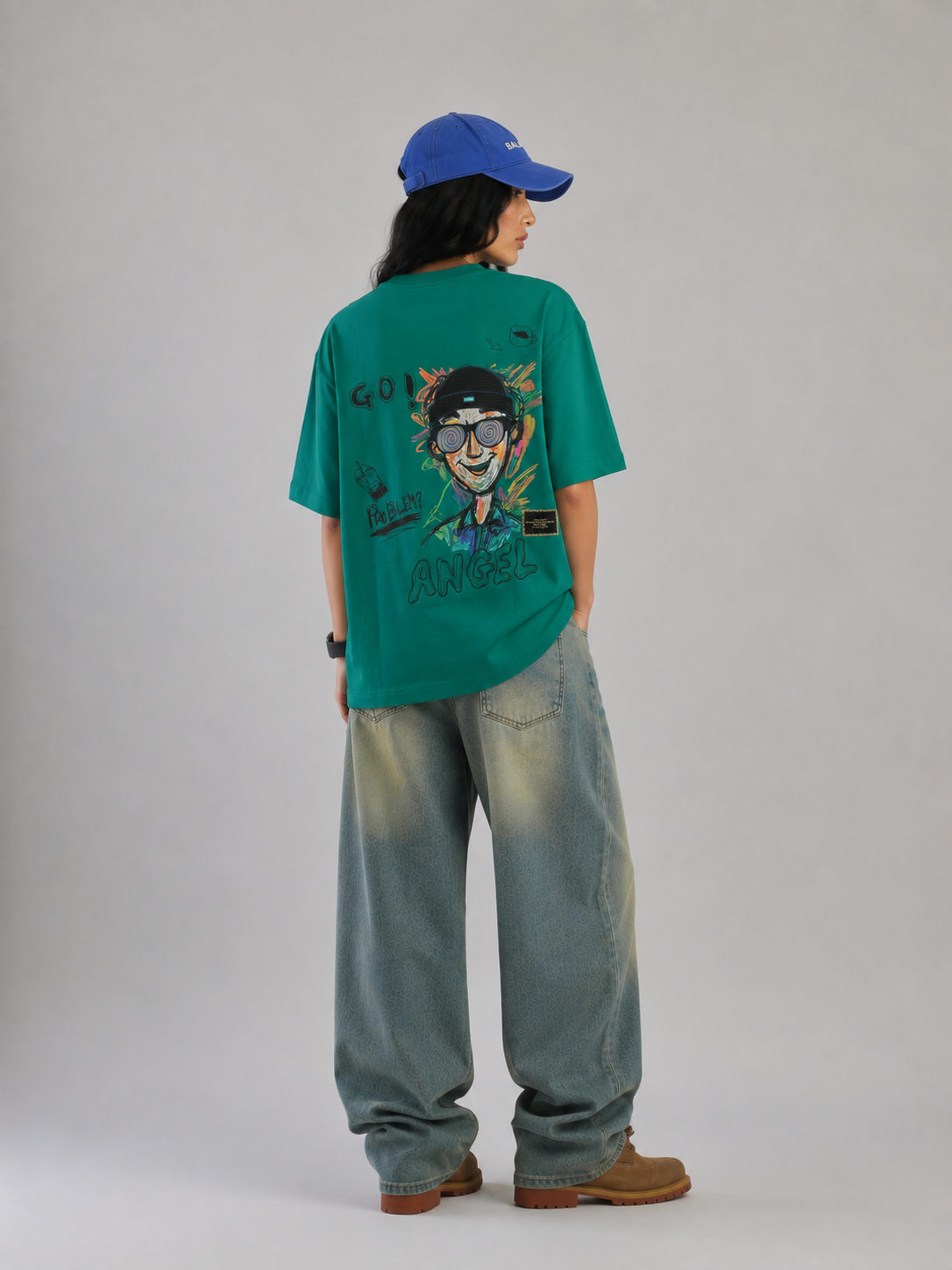 ANGEL Embroidered Patchwork Oversized T-Shirt – Emerald Green - View 4