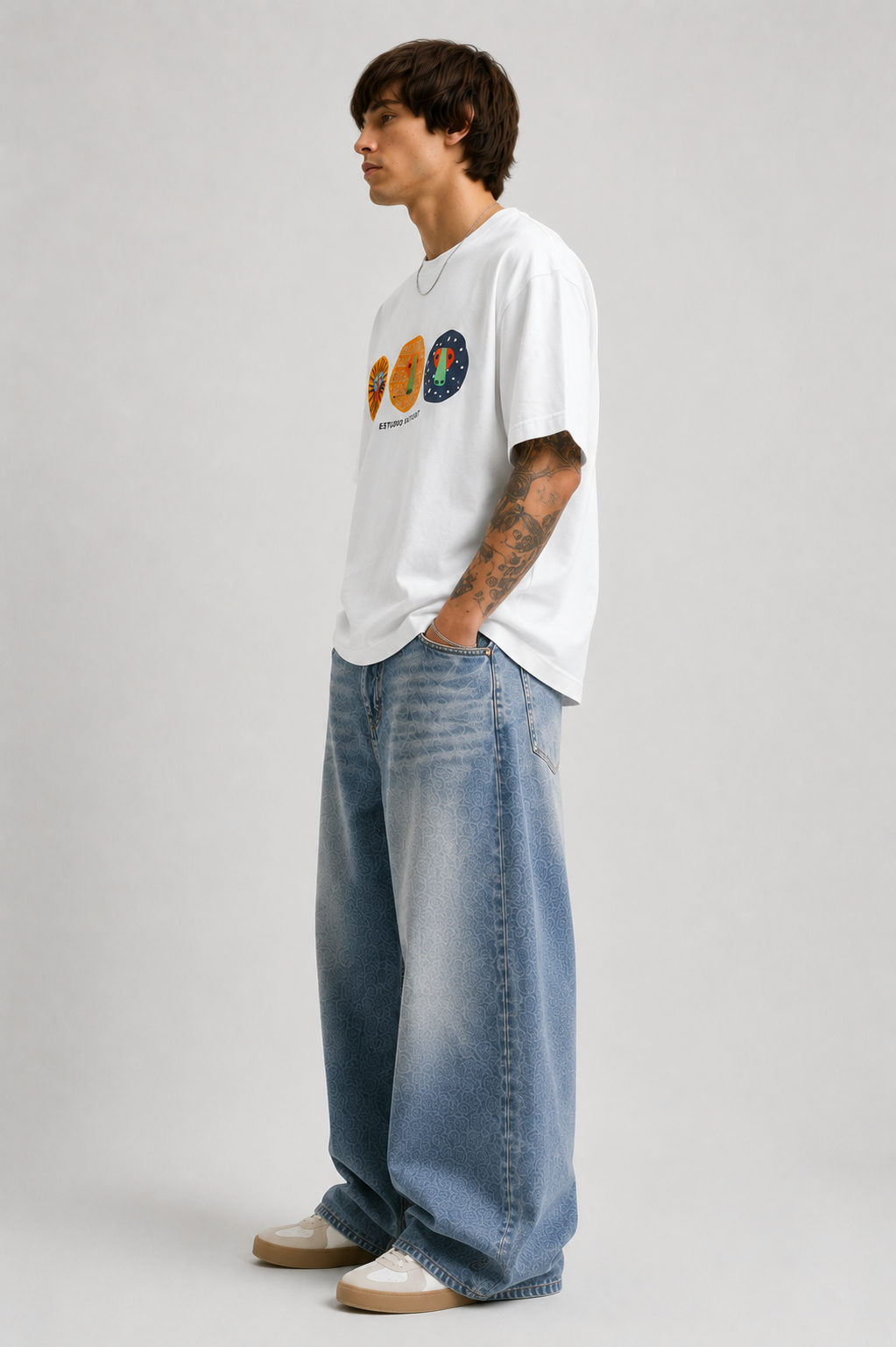 Primal Faces Patchwork Oversized T-Shirt – White - View 3