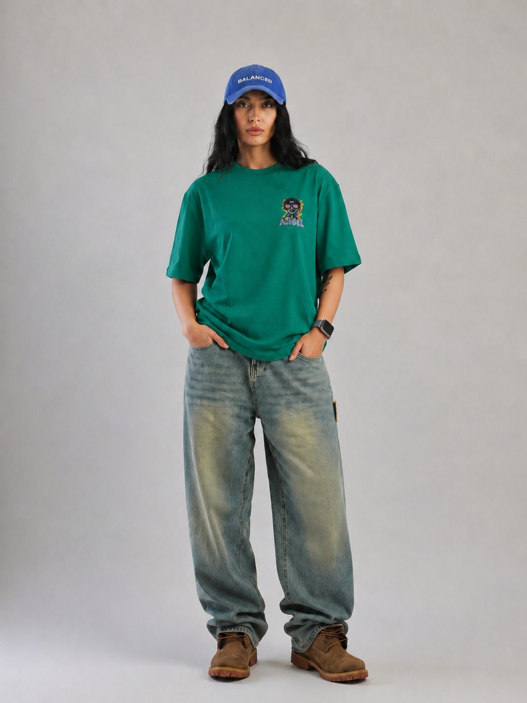 ANGEL Embroidered Patchwork Oversized T-Shirt – Emerald Green - View 5