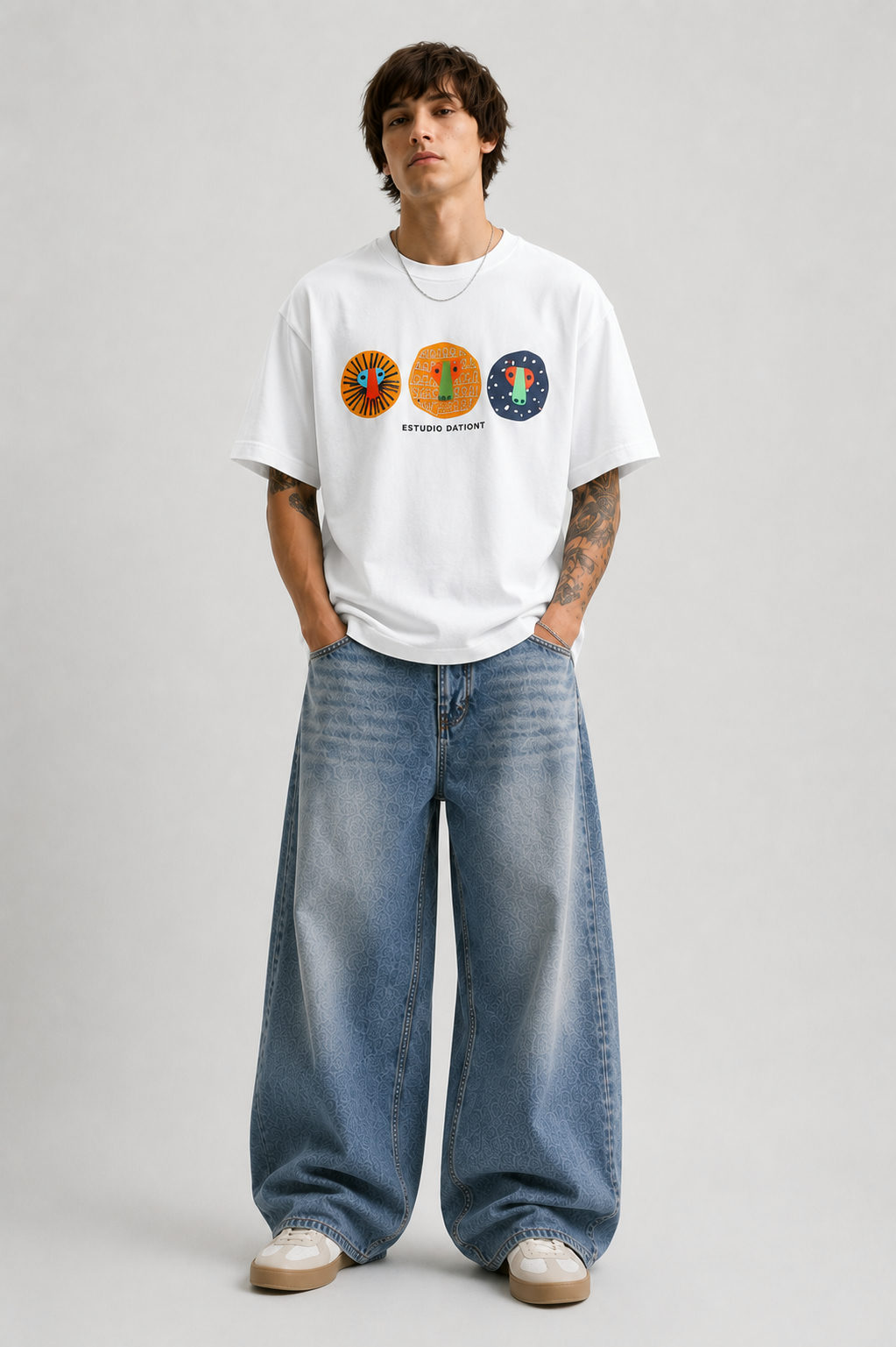 Primal Faces Patchwork Oversized T-Shirt – White
