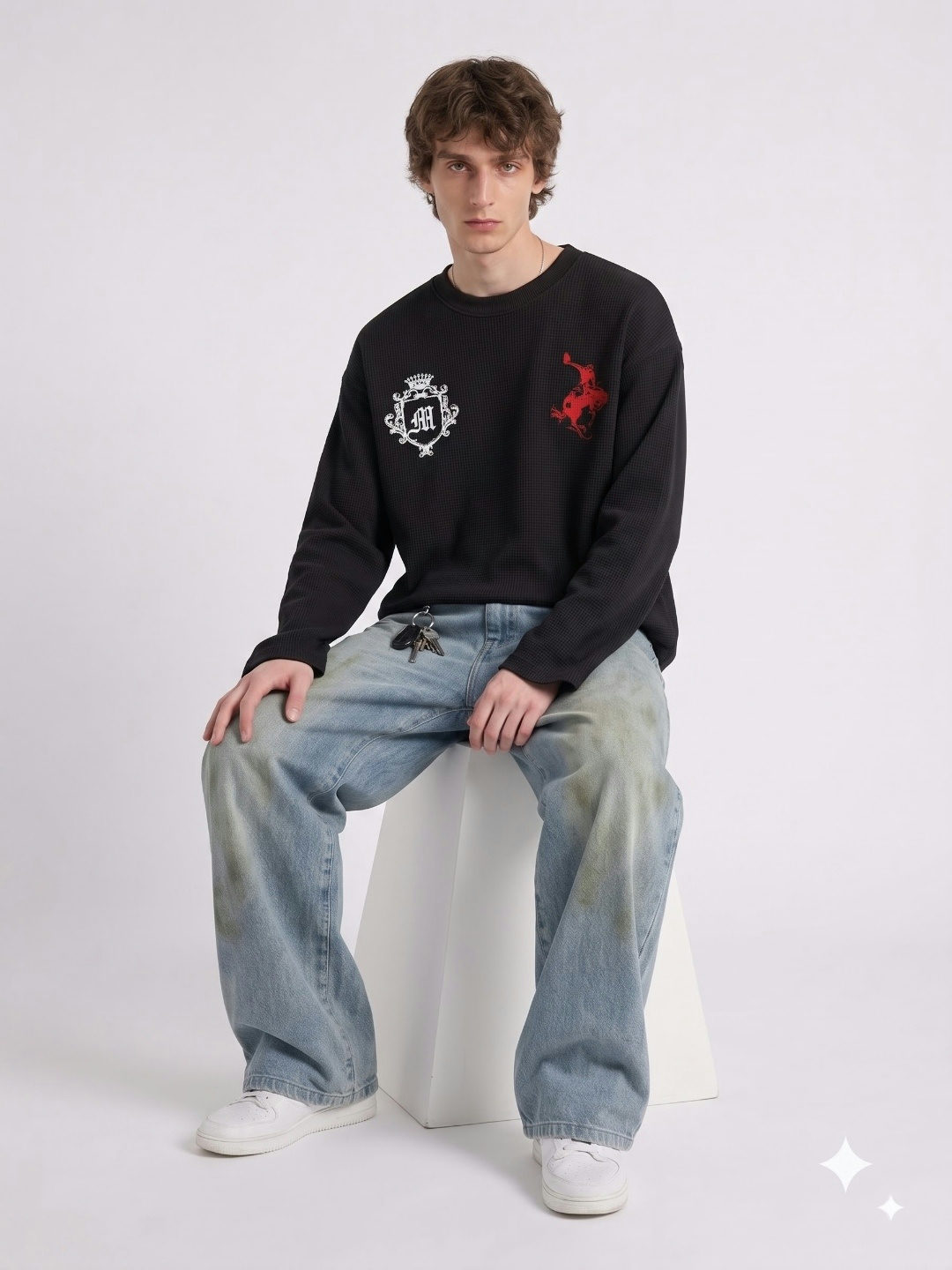 Mystery Oversized Full Sleeves Waffle Knit T-Shirt – Black - View 3