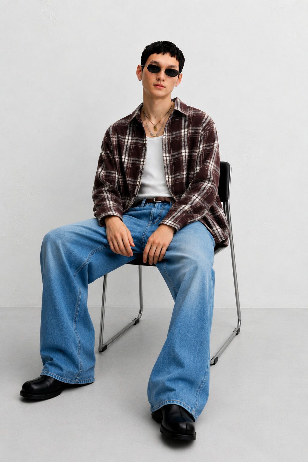 DAPPERR DRIFT Brown Flannel Check Boxy Cropped Shirt - View 3