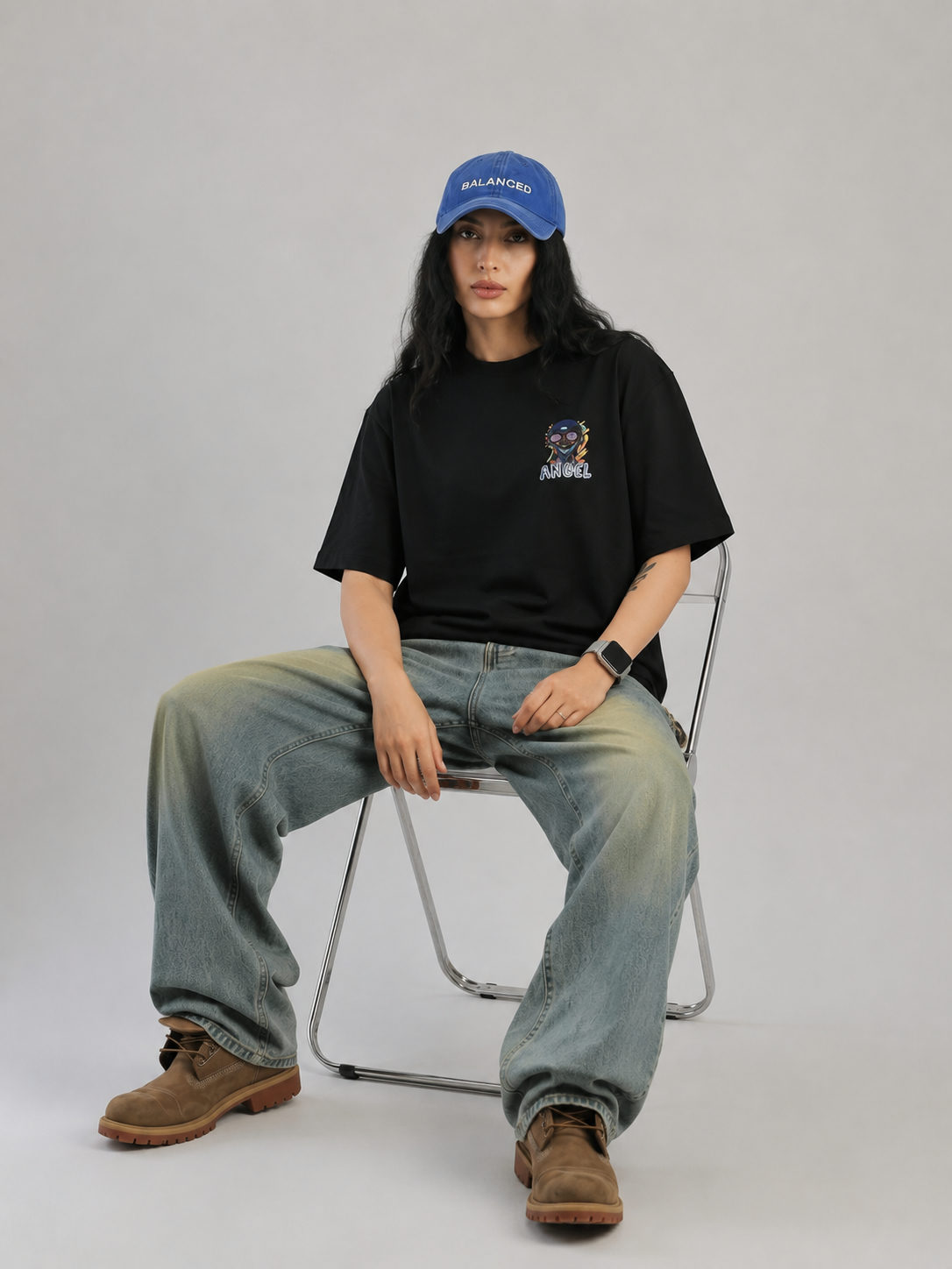 Angel Embroidered Oversized T-Shirt – Black (240 GSM Tencel Cotton) - View 5