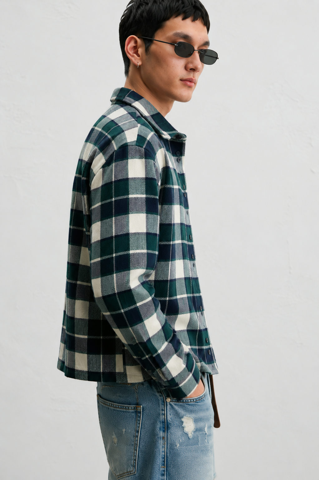 Oversized Boxy Cropped Flannel Check Shirt – Forest Green - View 5