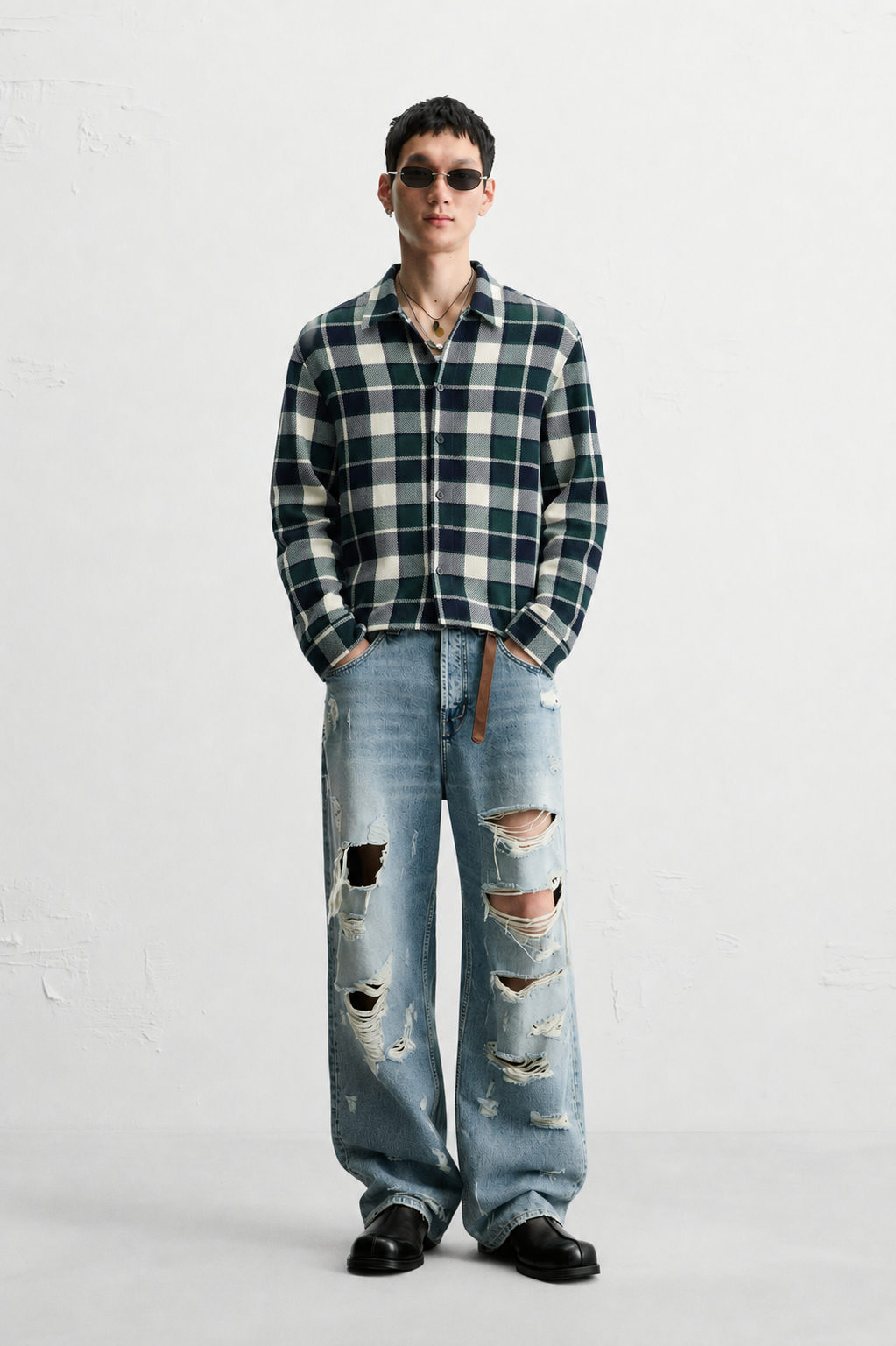 Oversized Boxy Cropped Flannel Check Shirt – Forest Green - View 4