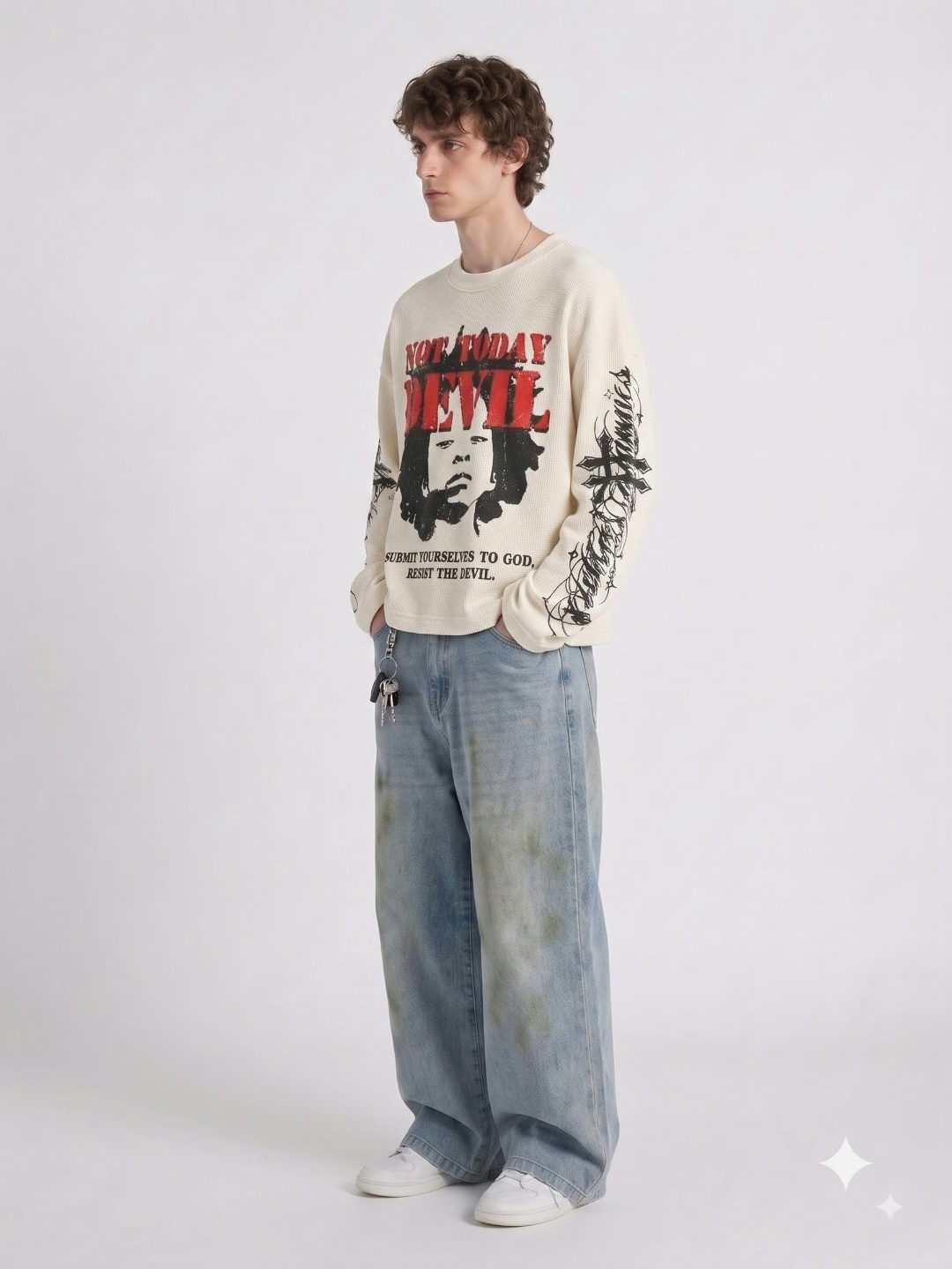 White Devil Oversized Waffle Full Sleeves T-Shirt - White - View 2