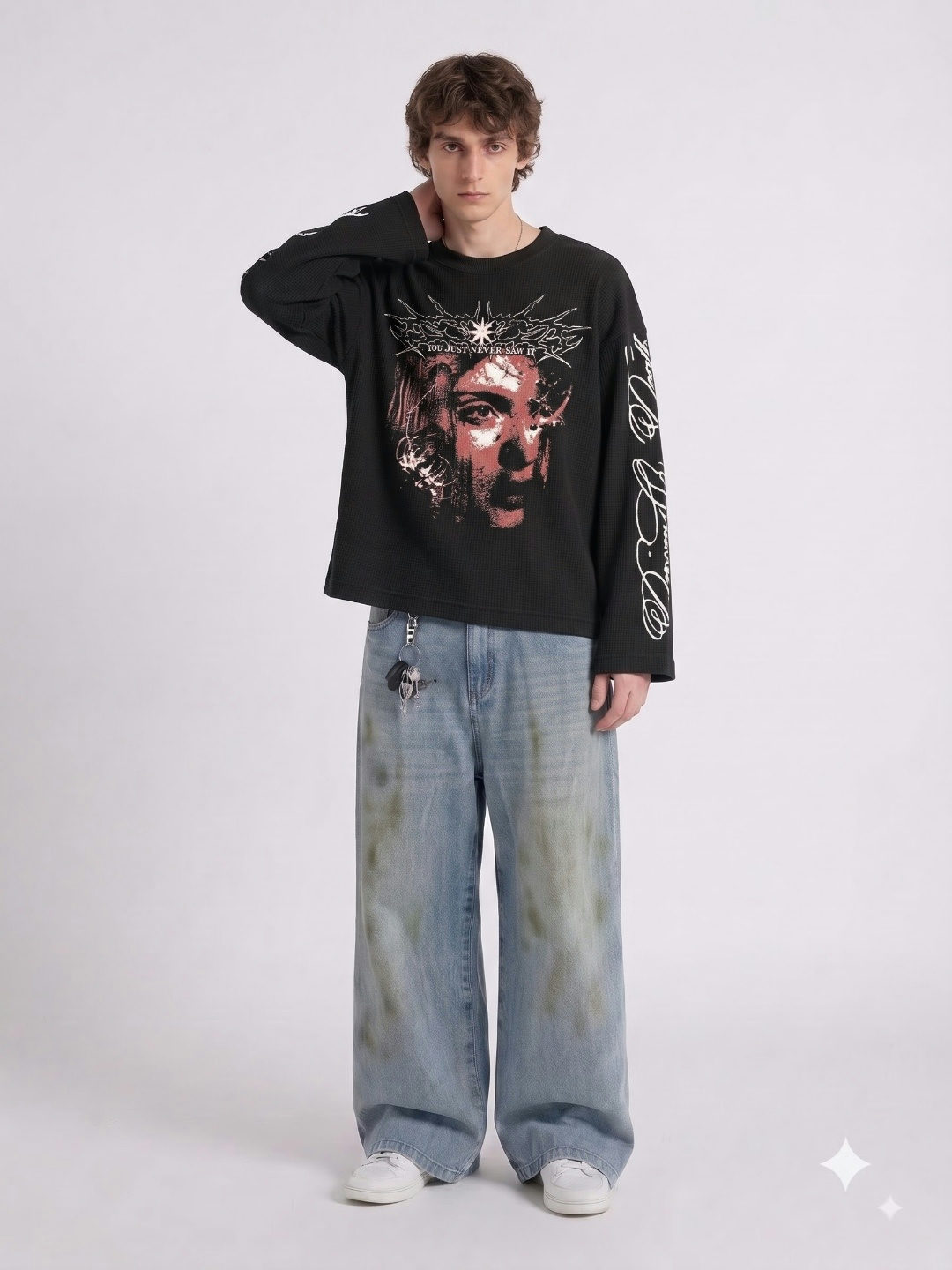 Dreaming Souls Oversized Waffle Full Sleeves T-Shirt – Black - View 5