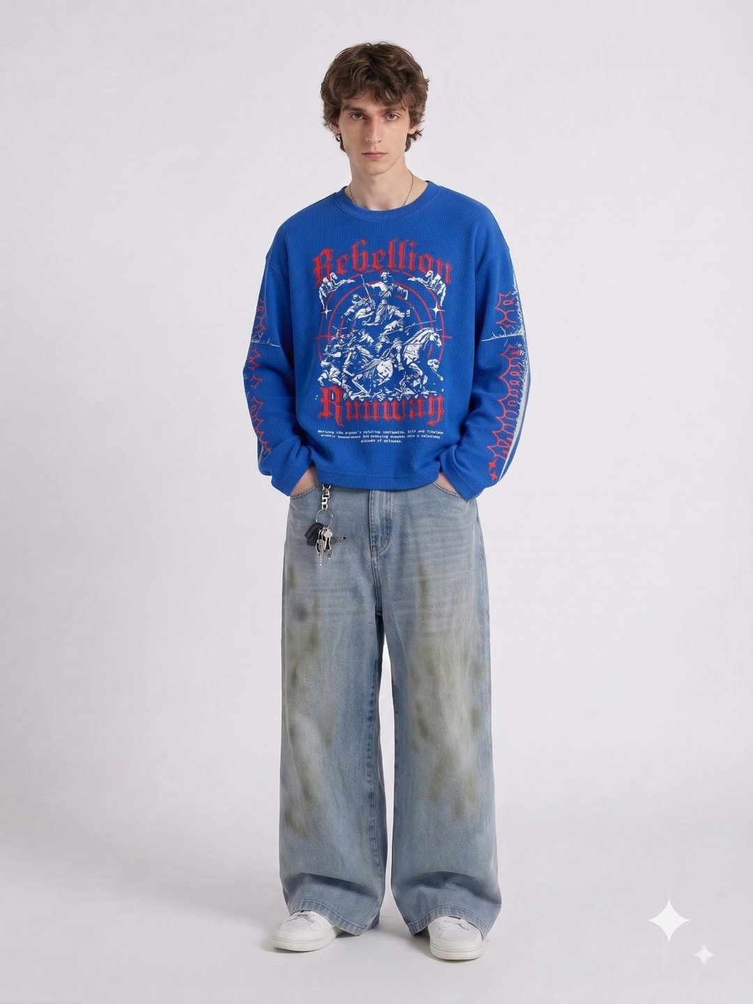 Rebellion Oversized Waffle Full Sleeves T-Shirt – Royal Blue - View 5