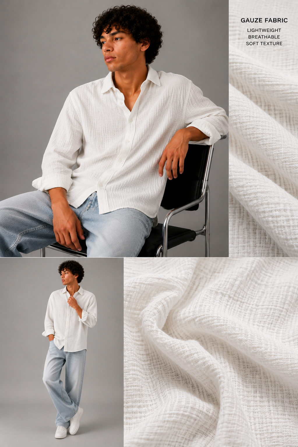 Crinkle Textured Full Sleeve Shirt – white Boxy fit - View 2