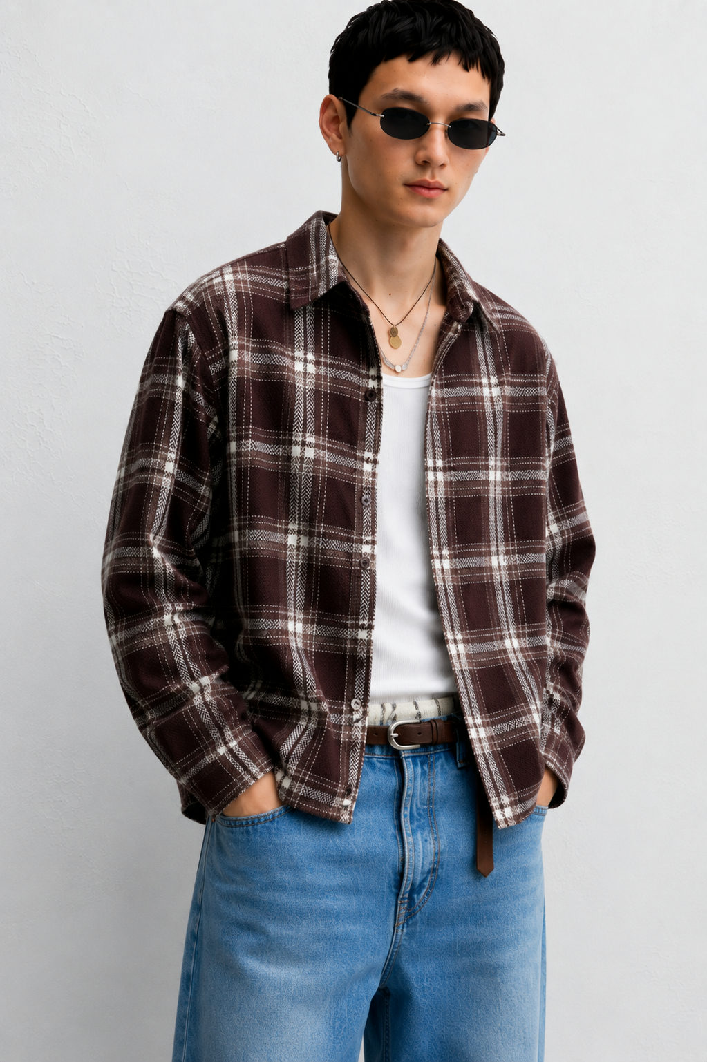 DAPPERR DRIFT Brown Flannel Check Boxy Cropped Shirt - View 2