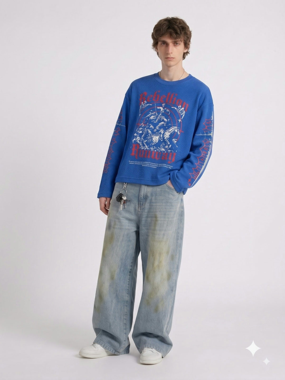 Rebellion Oversized Waffle Full Sleeves T-Shirt – Royal Blue - View 3