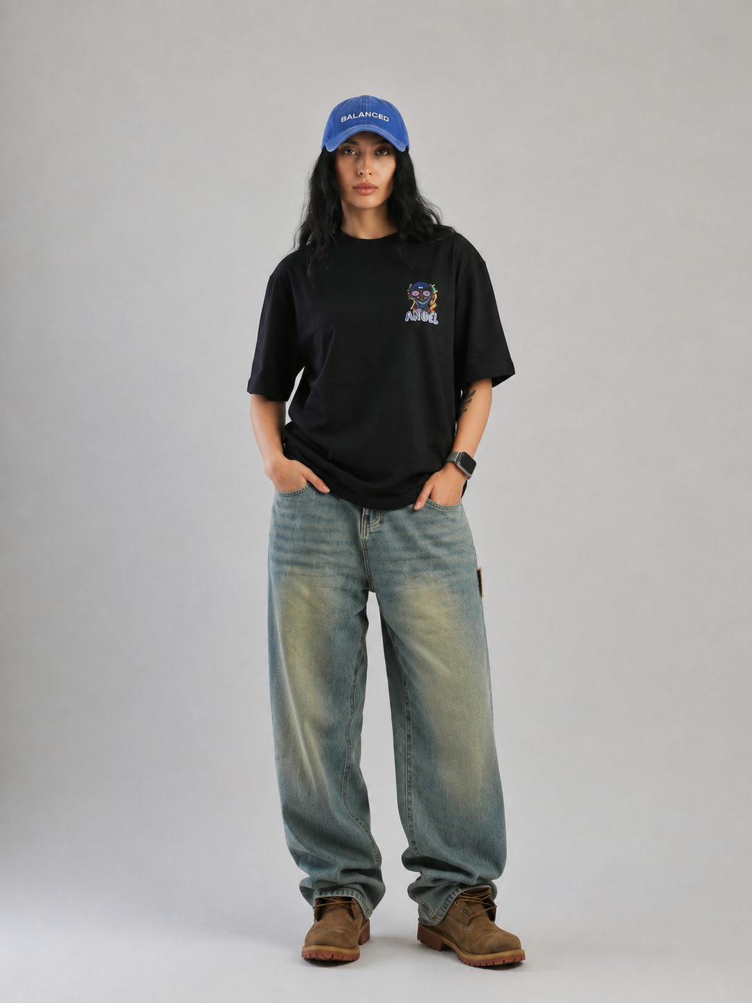 Angel Embroidered Oversized T-Shirt – Black (240 GSM Tencel Cotton) - View 2