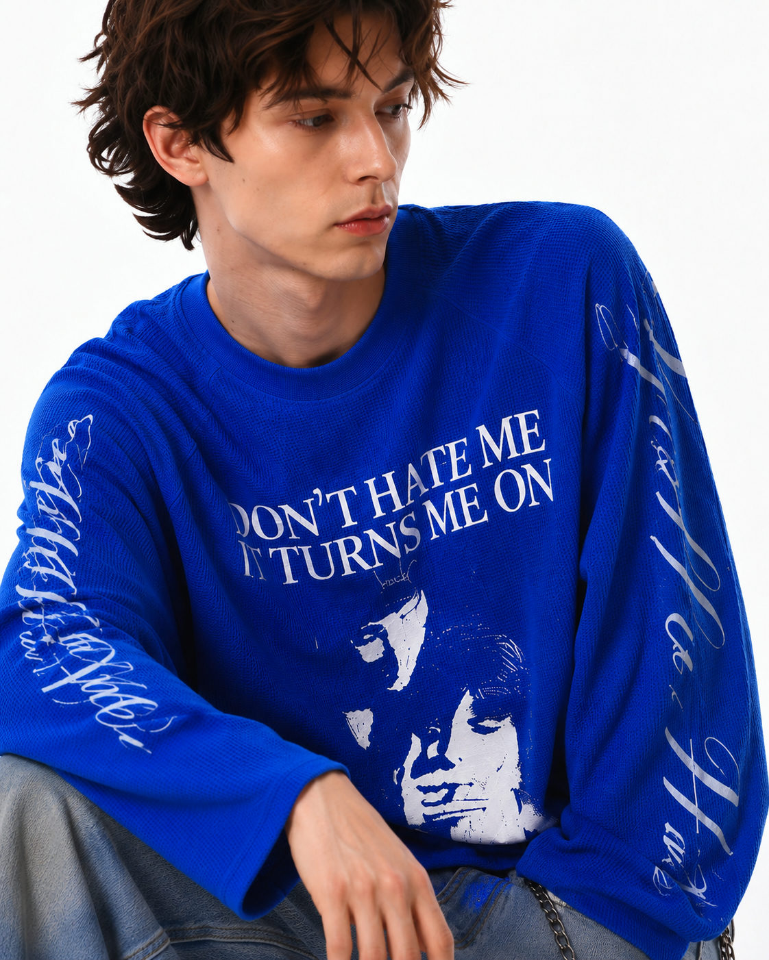 Waffle Boxy Fit Long Sleeve T-Shirt | Blue - View 5