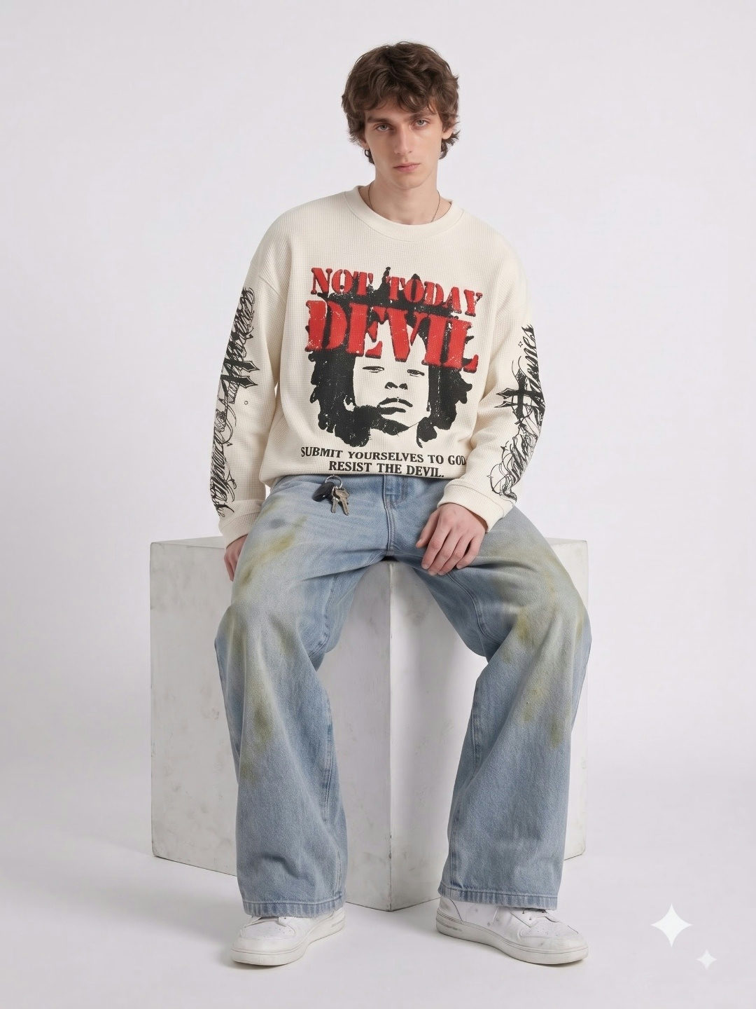 White Devil Oversized Waffle Full Sleeves T-Shirt - White - View 4