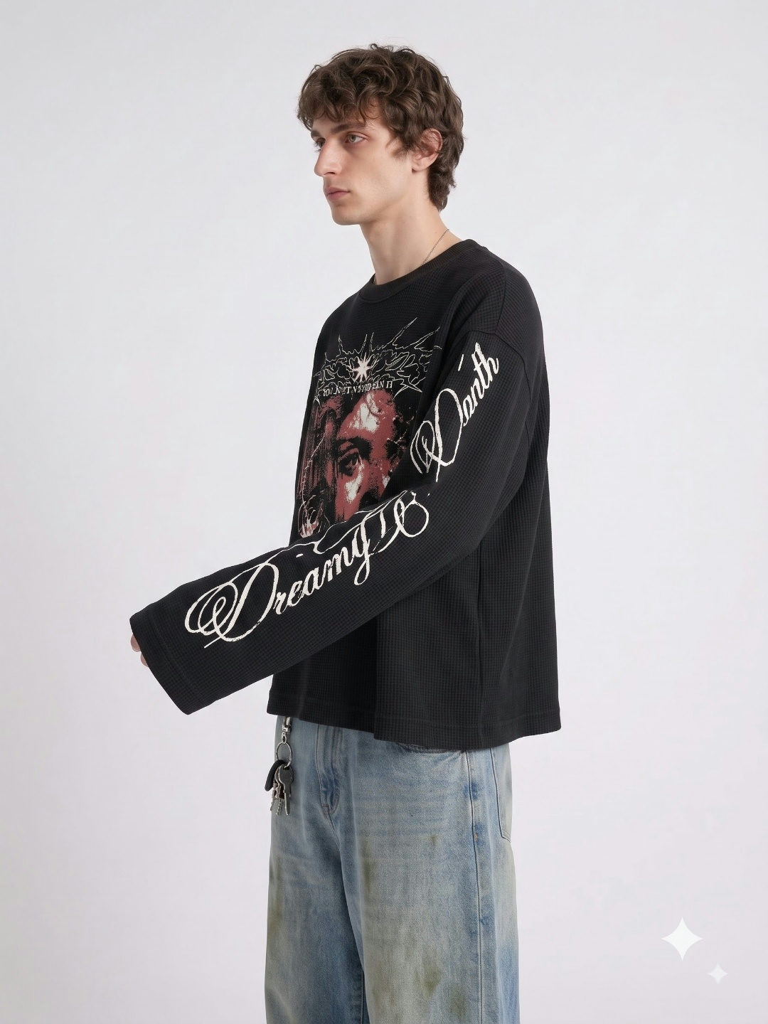 Dreaming Souls Oversized Waffle Full Sleeves T-Shirt – Black - View 4