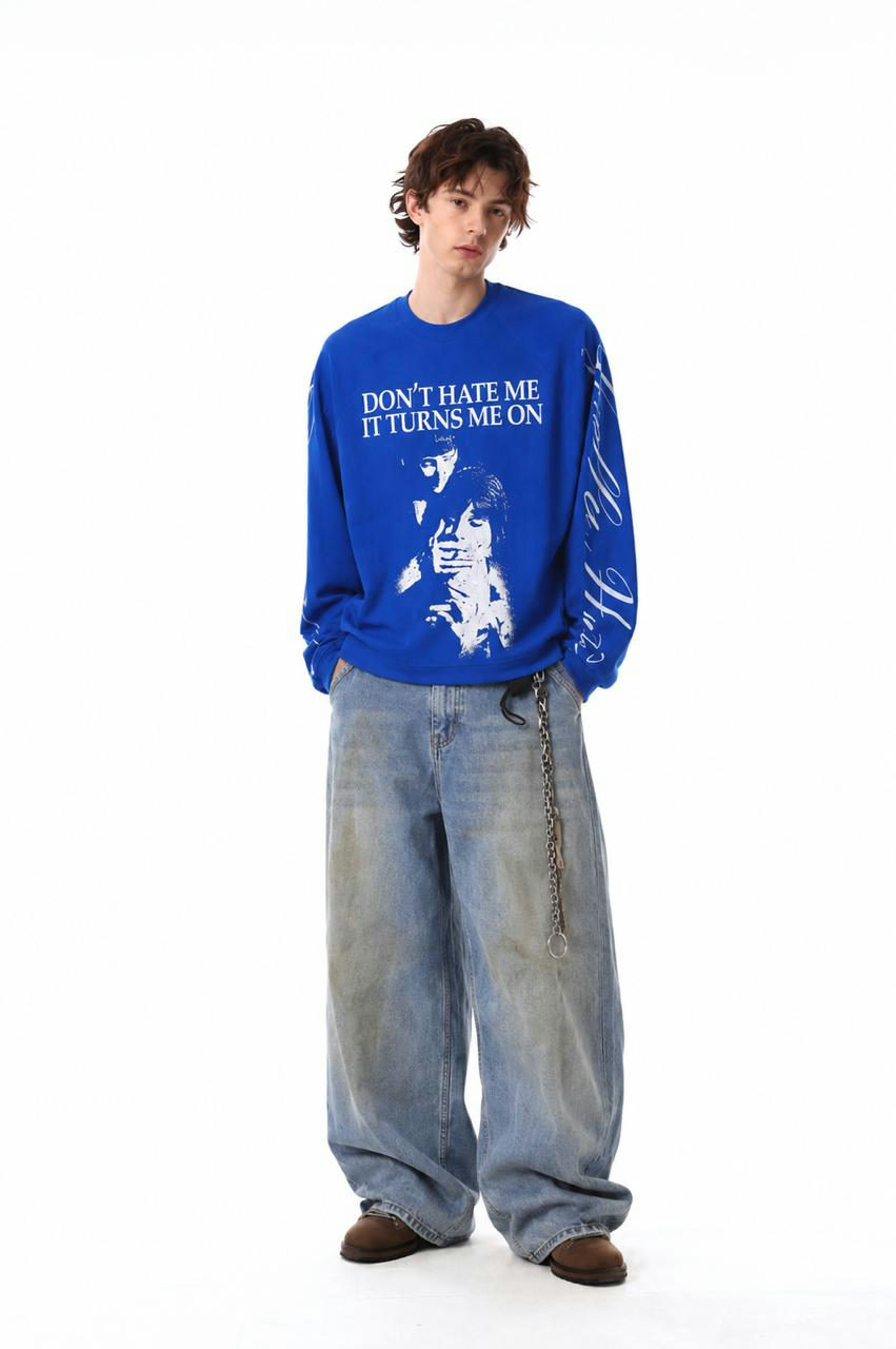Waffle Boxy Fit Long Sleeve T-Shirt | Blue - View 2