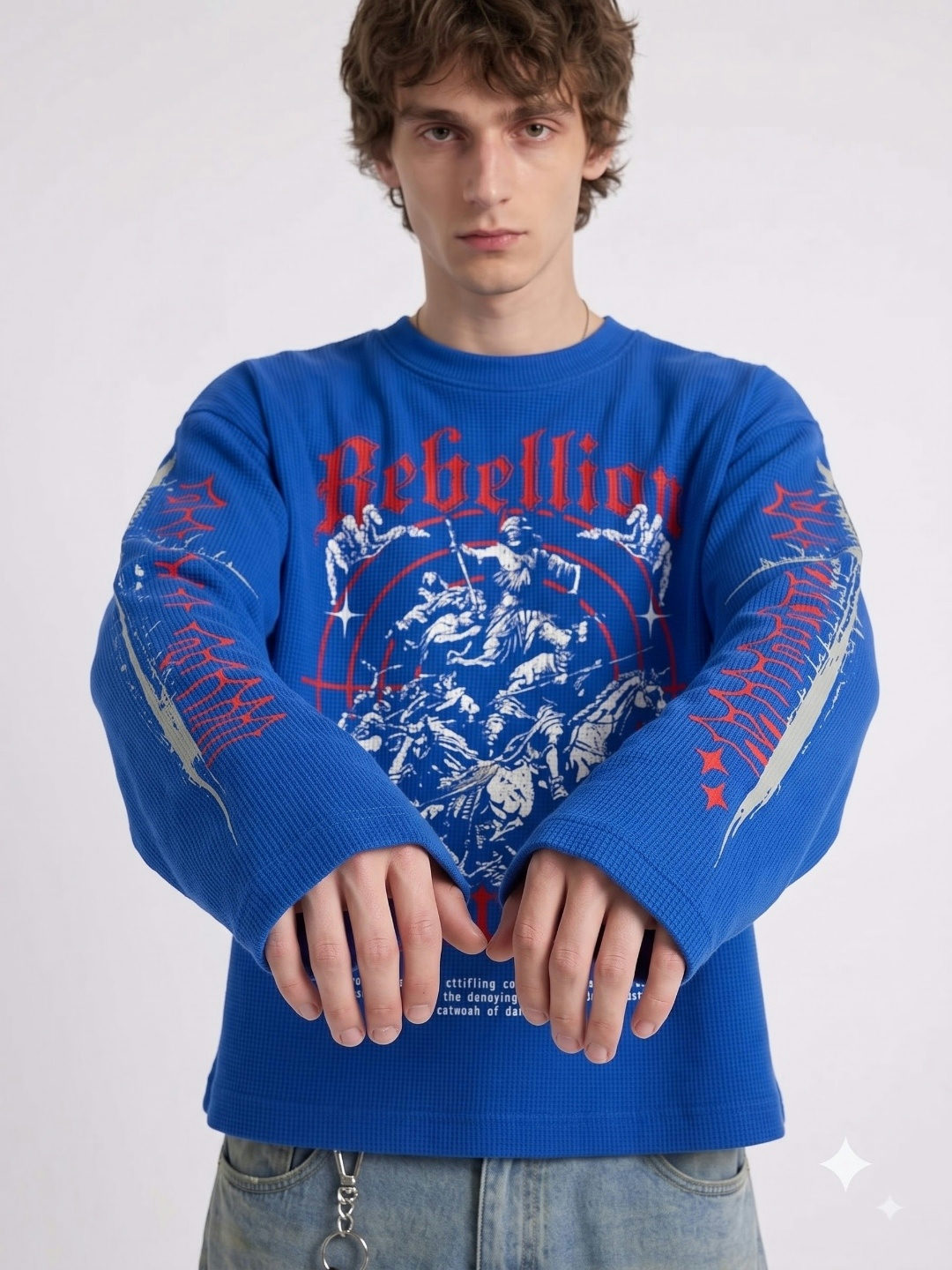 Rebellion Oversized Waffle Full Sleeves T-Shirt – Royal Blue - View 2