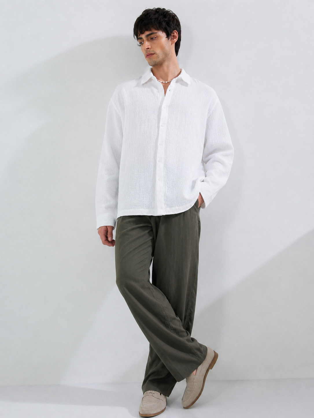 Crinkle Textured Full Sleeve Shirt – white Boxy fit - View 3