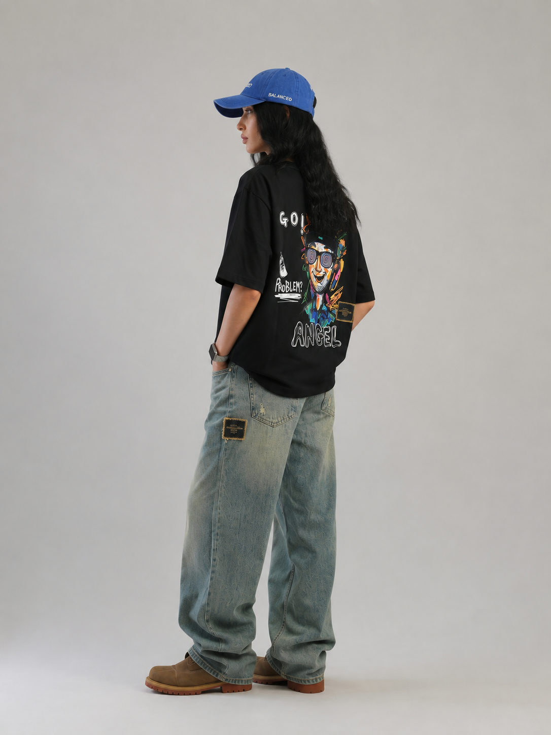 Angel Embroidered Oversized T-Shirt – Black (240 GSM Tencel Cotton) - View 4