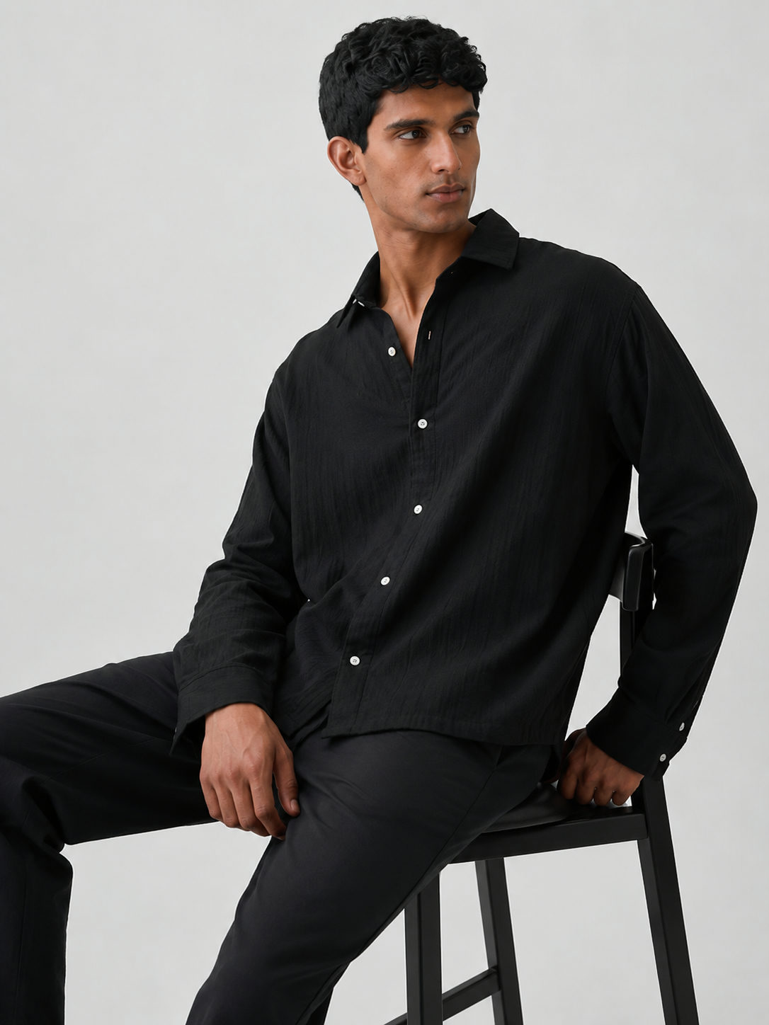 Crinkle Textured Full Sleeve Shirt  - Black boxy fit Shirt gauze - View 3