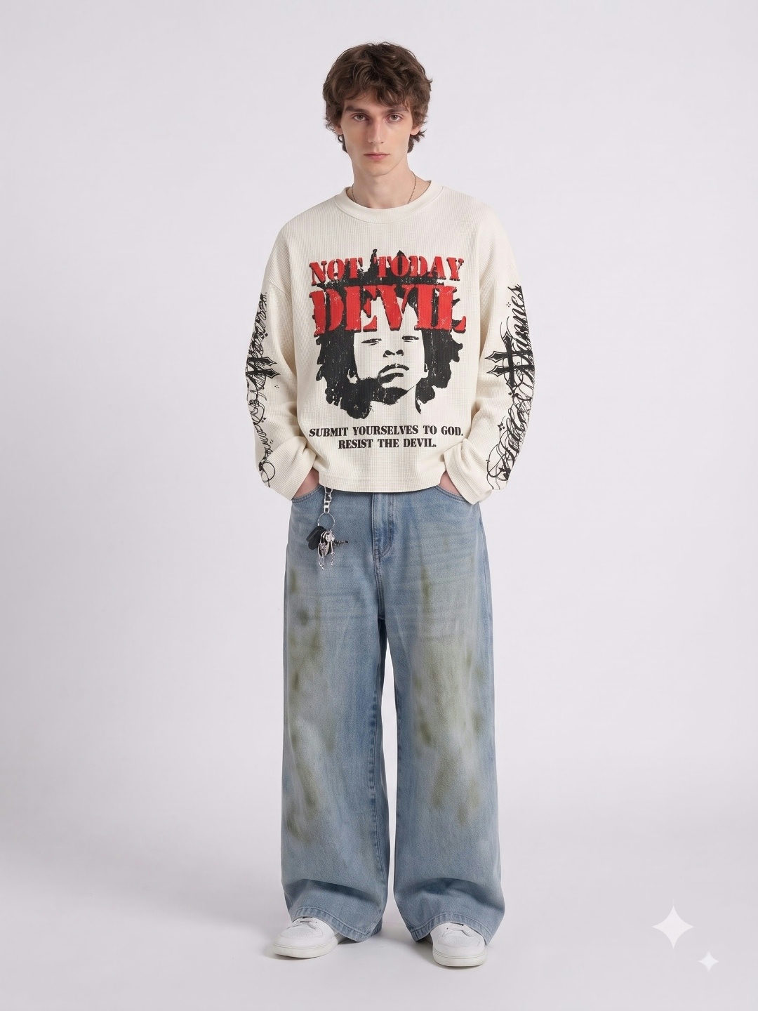 White Devil Oversized Waffle Full Sleeves T-Shirt - White - View 5