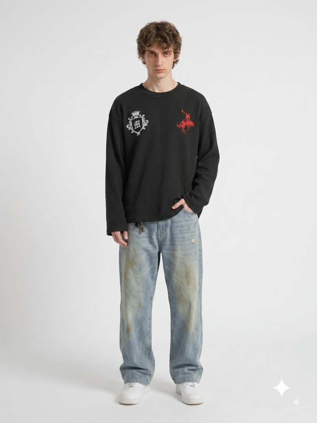 Mystery Oversized Full Sleeves Waffle Knit T-Shirt – Black - View 2