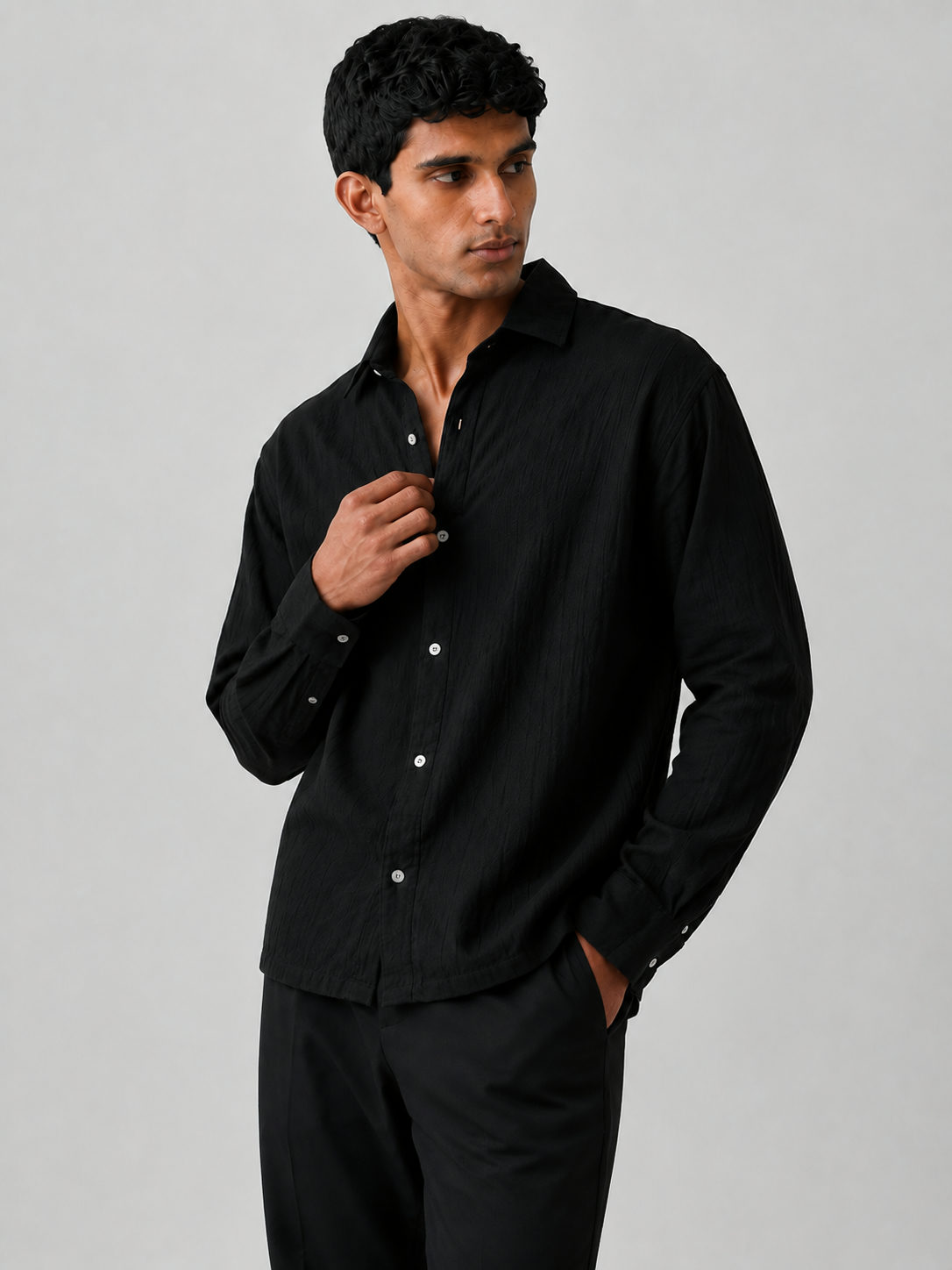 Crinkle Textured Full Sleeve Shirt  - Black boxy fit Shirt gauze