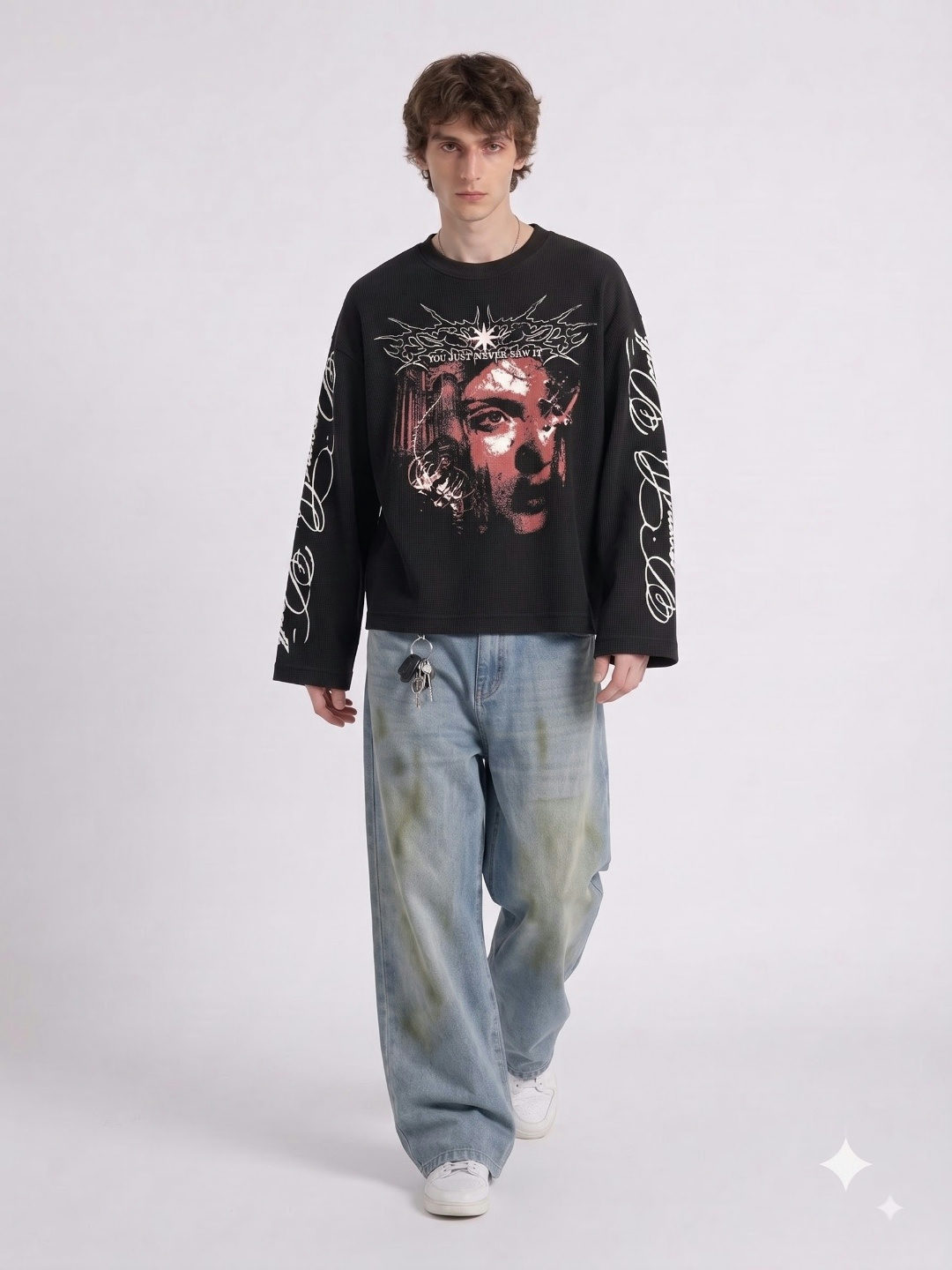 Dreaming Souls Oversized Waffle Full Sleeves T-Shirt – Black