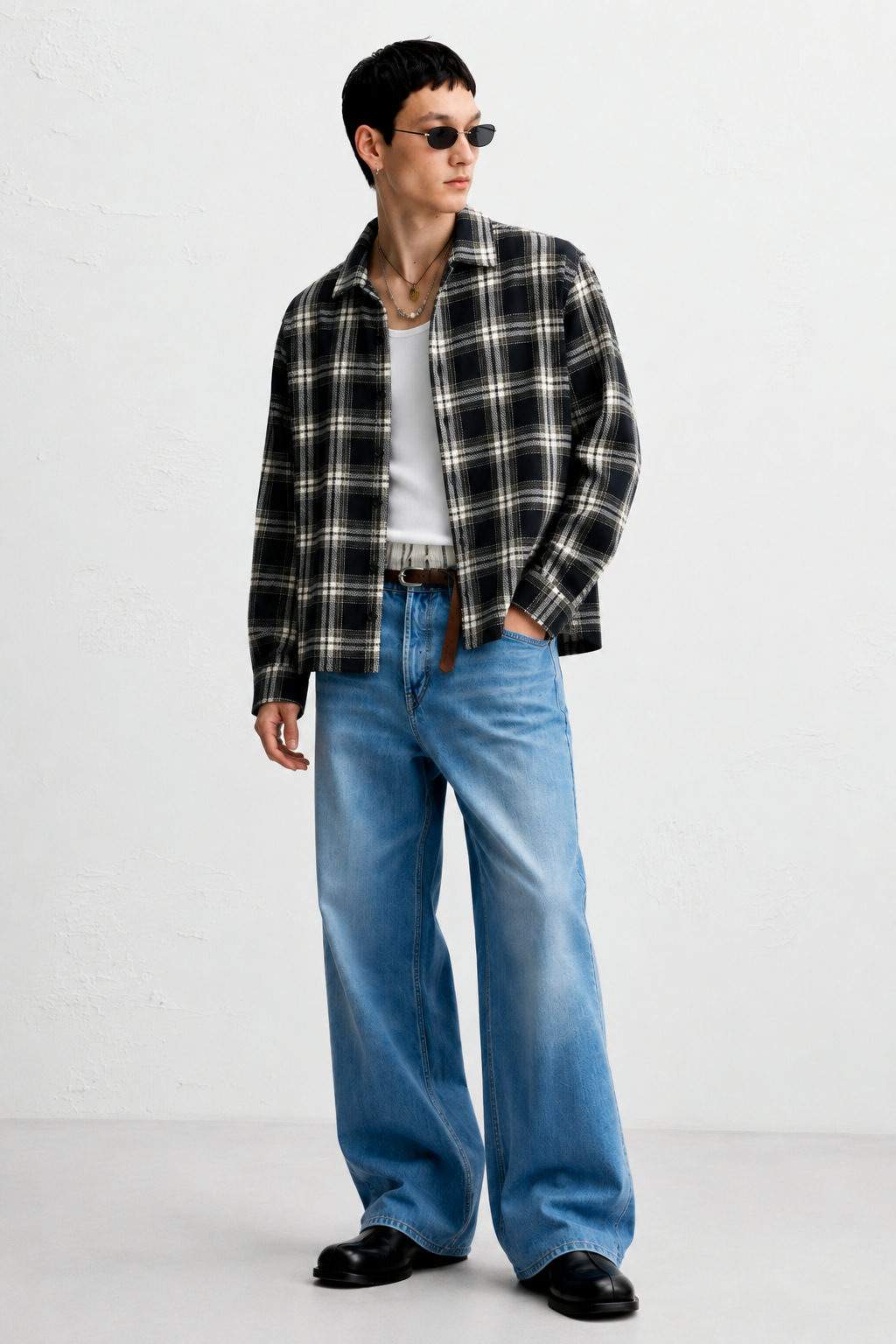 Midnight Grid Cropped Flannel Shirt
