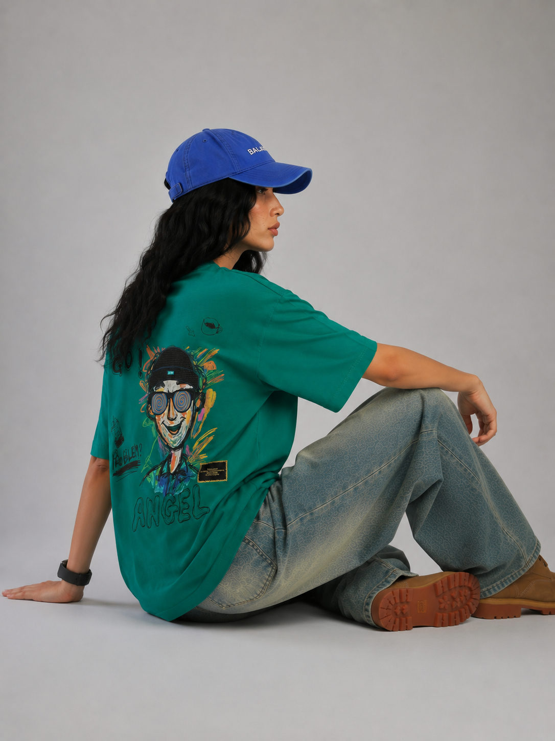ANGEL Embroidered Patchwork Oversized T-Shirt – Emerald Green - View 2