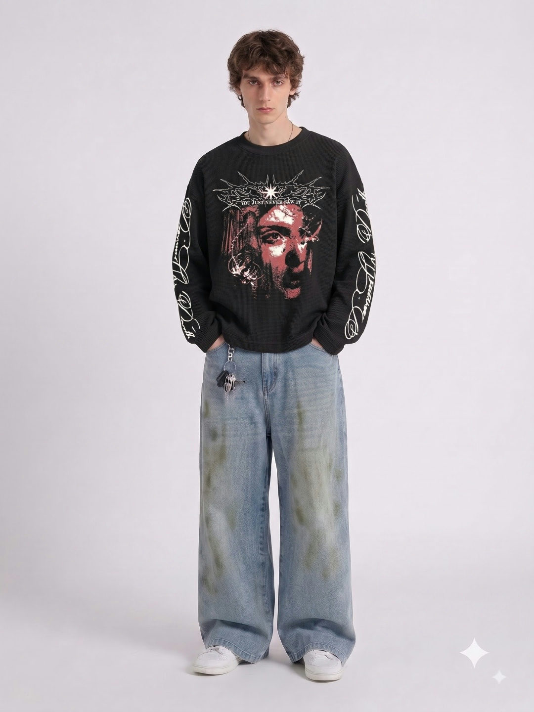 Dreaming Souls Oversized Waffle Full Sleeves T-Shirt – Black - View 2