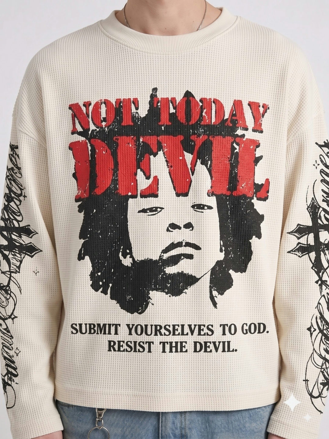 White Devil Oversized Waffle Full Sleeves T-Shirt - White - View 3