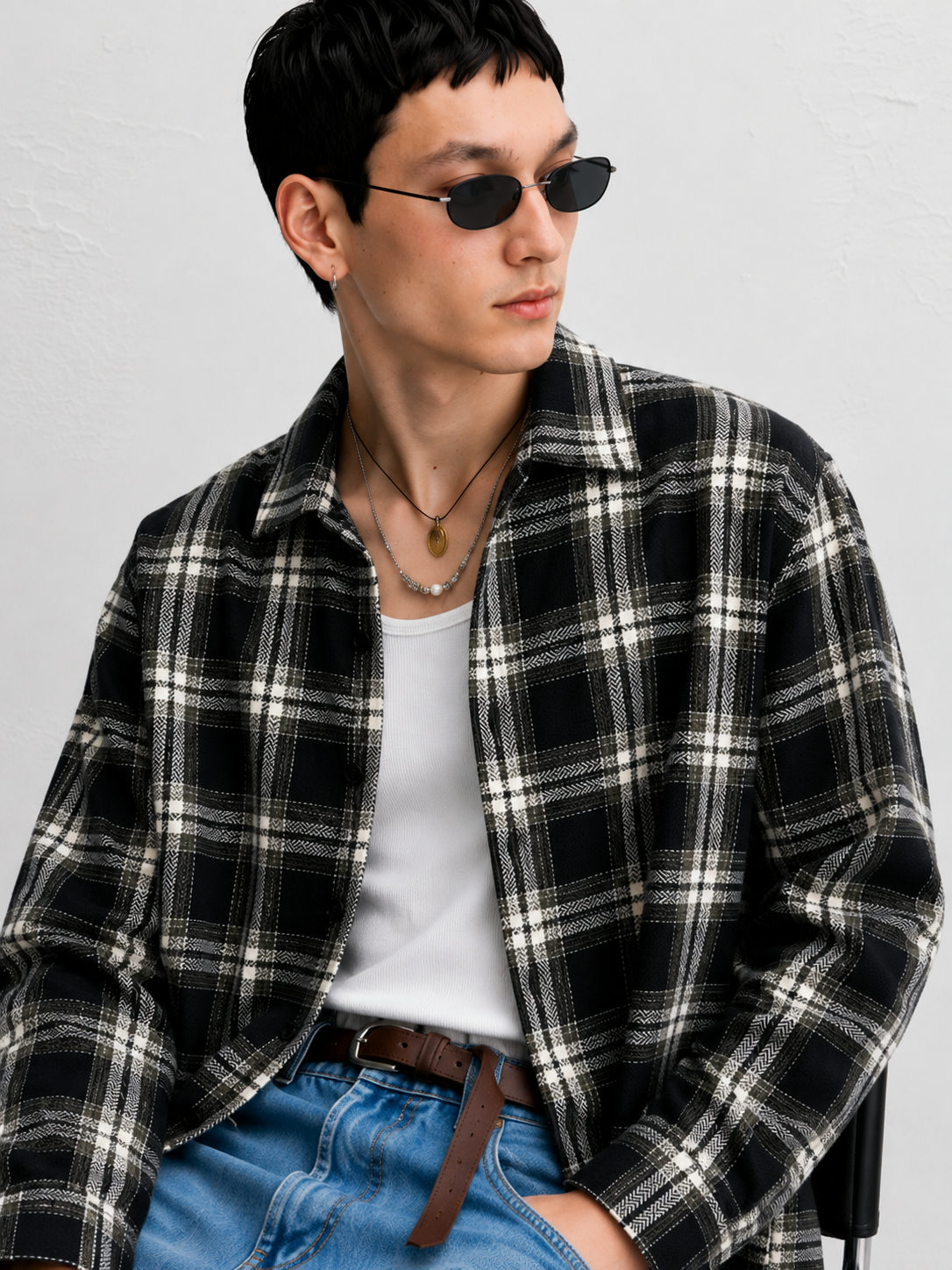 Midnight Grid Cropped Flannel Shirt - View 3