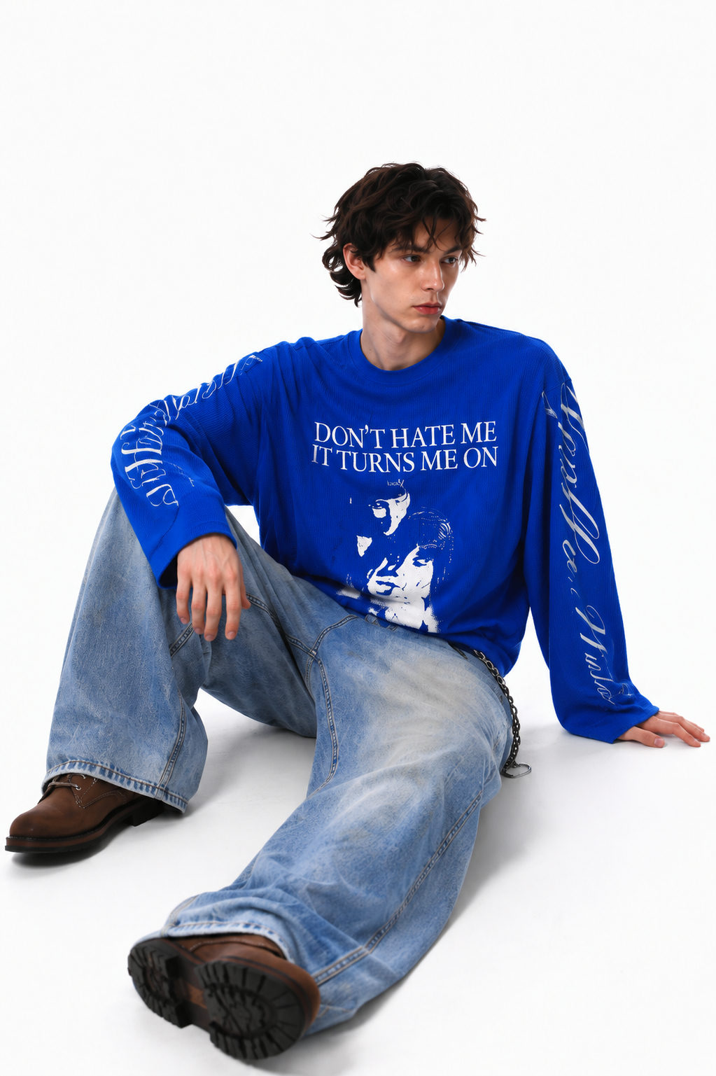 Waffle Boxy Fit Long Sleeve T-Shirt | Blue - View 4