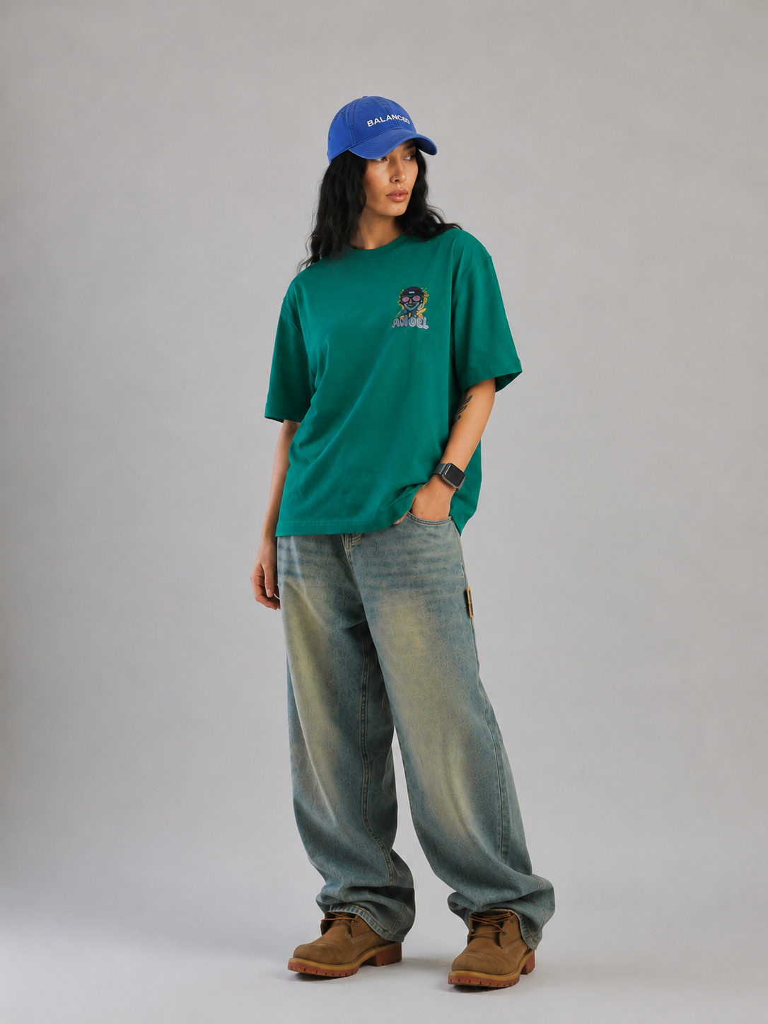 ANGEL Embroidered Patchwork Oversized T-Shirt – Emerald Green
