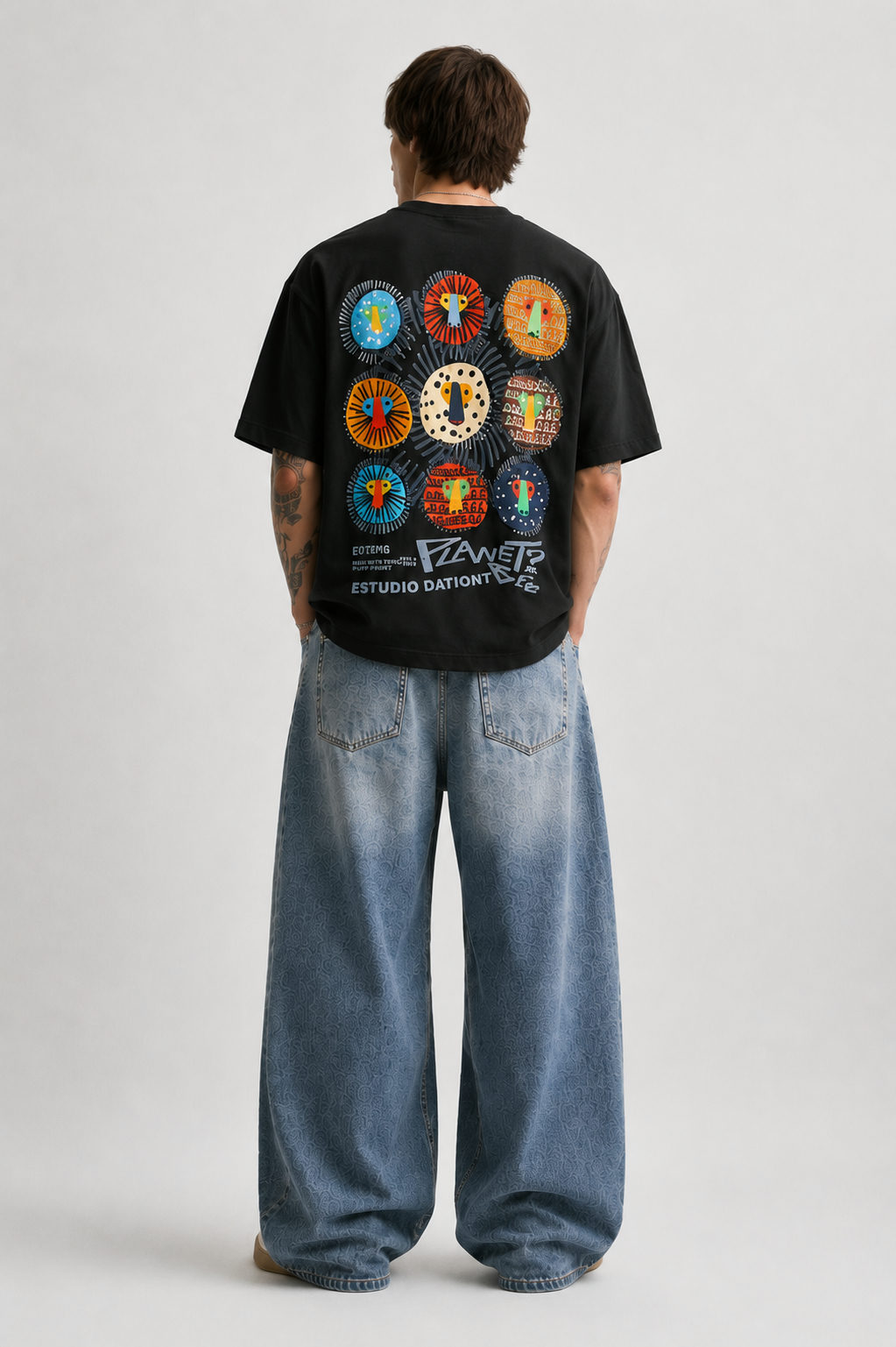 Primal Faces Oversized Patchwork T-Shirt – Black - View 4