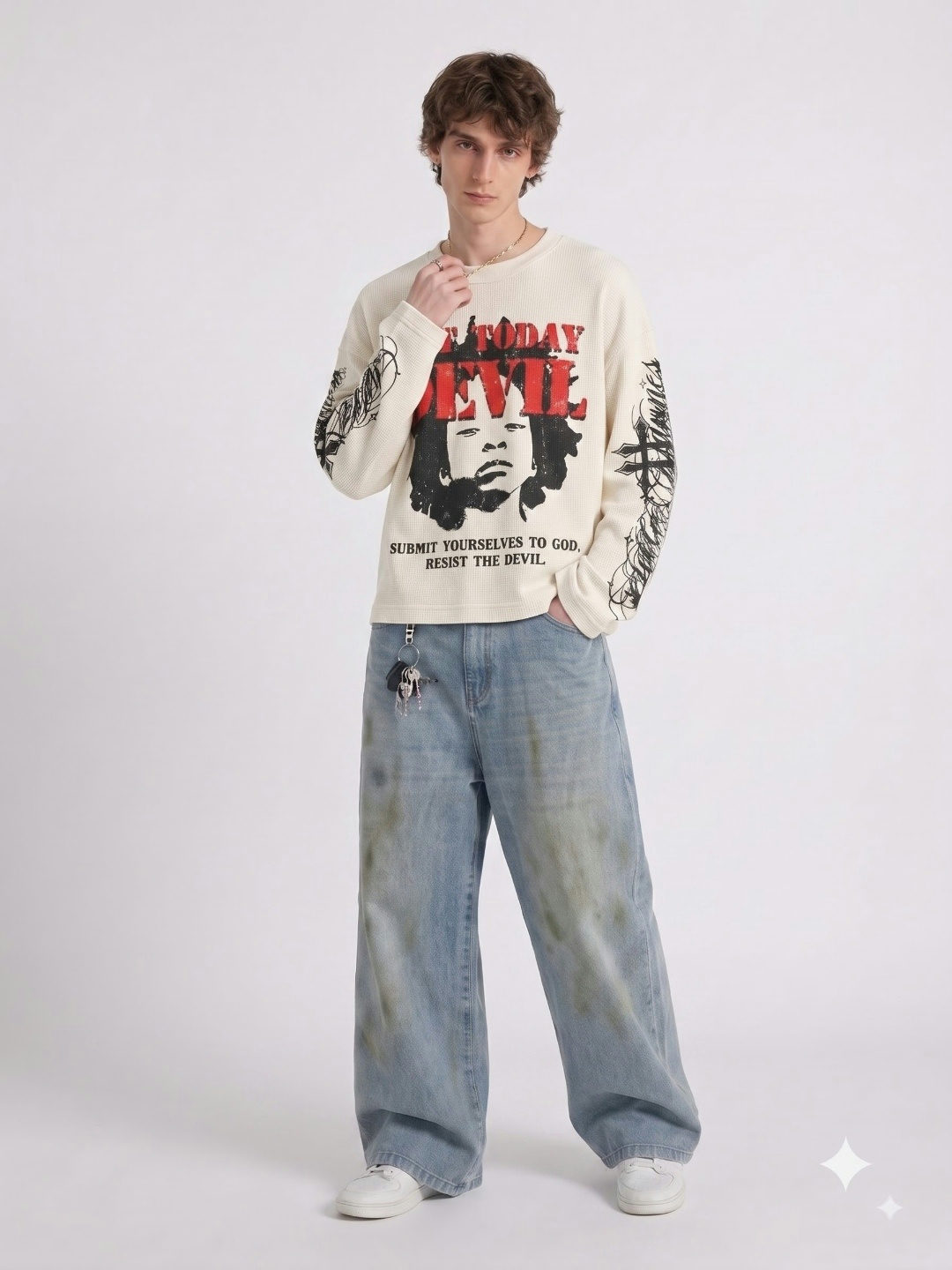 White Devil Oversized Waffle Full Sleeves T-Shirt - White