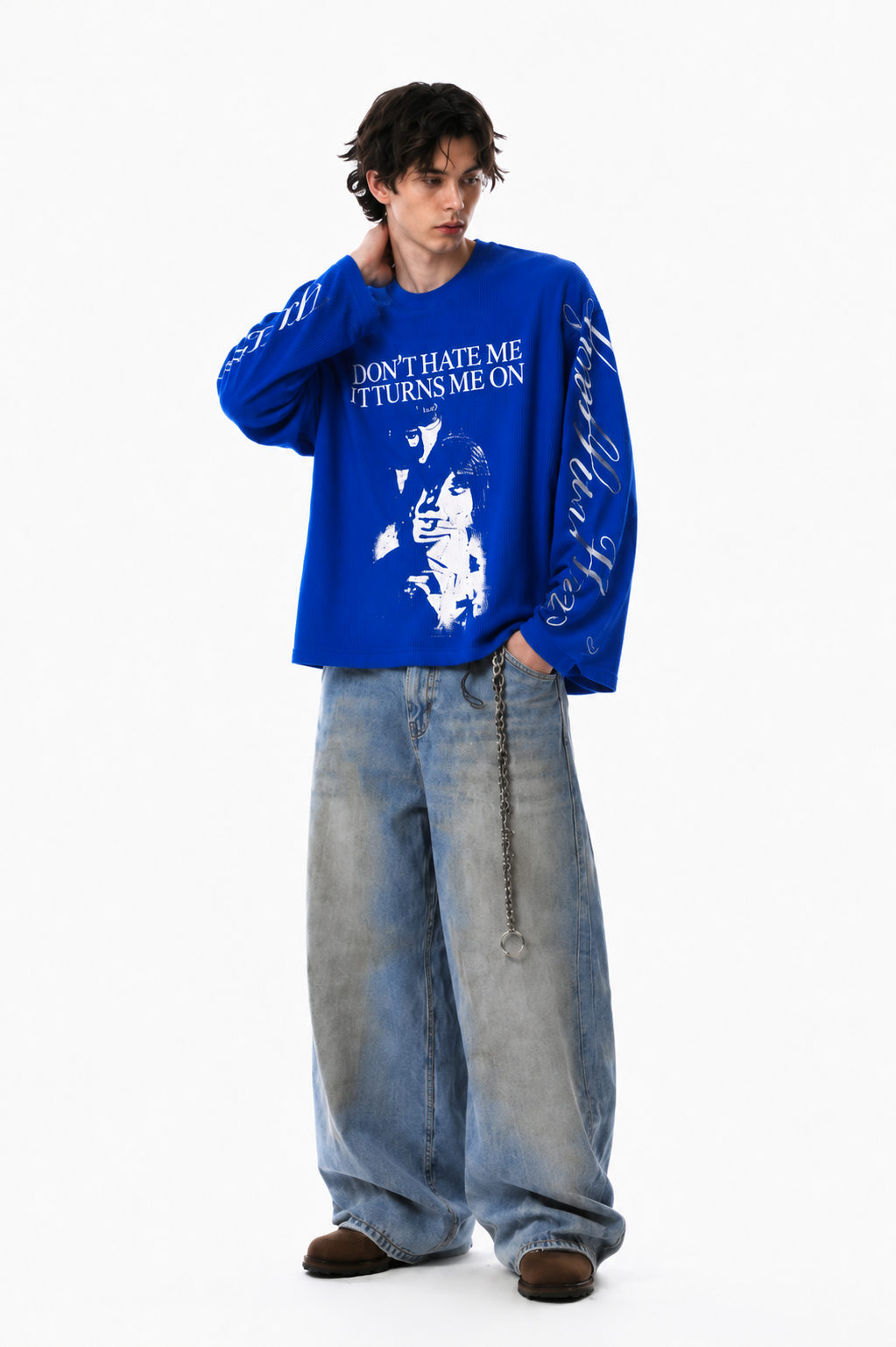 Waffle Boxy Fit Long Sleeve T-Shirt | Blue