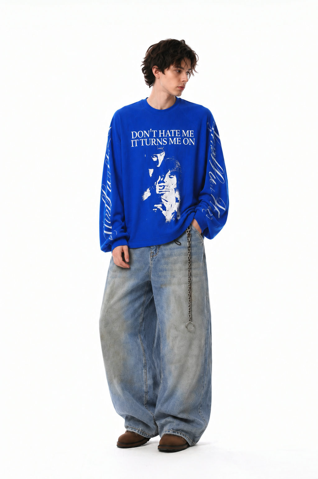 Waffle Boxy Fit Long Sleeve T-Shirt | Blue - View 3