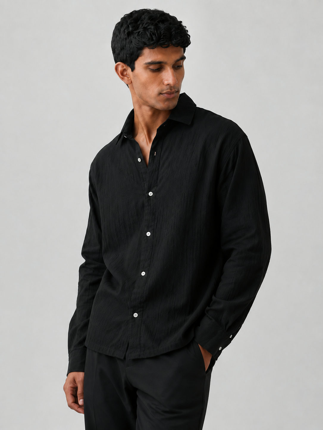 Crinkle Textured Full Sleeve Shirt  - Black boxy fit Shirt gauze - View 2