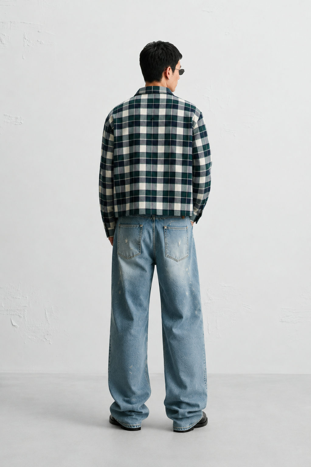 Oversized Boxy Cropped Flannel Check Shirt – Forest Green - View 2