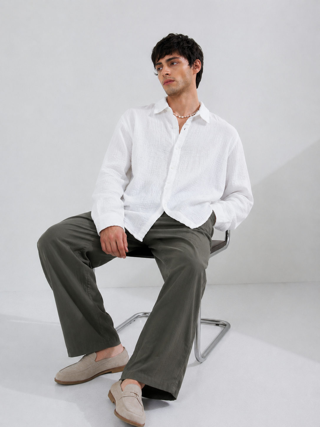 Crinkle Textured Full Sleeve Shirt – white Boxy fit