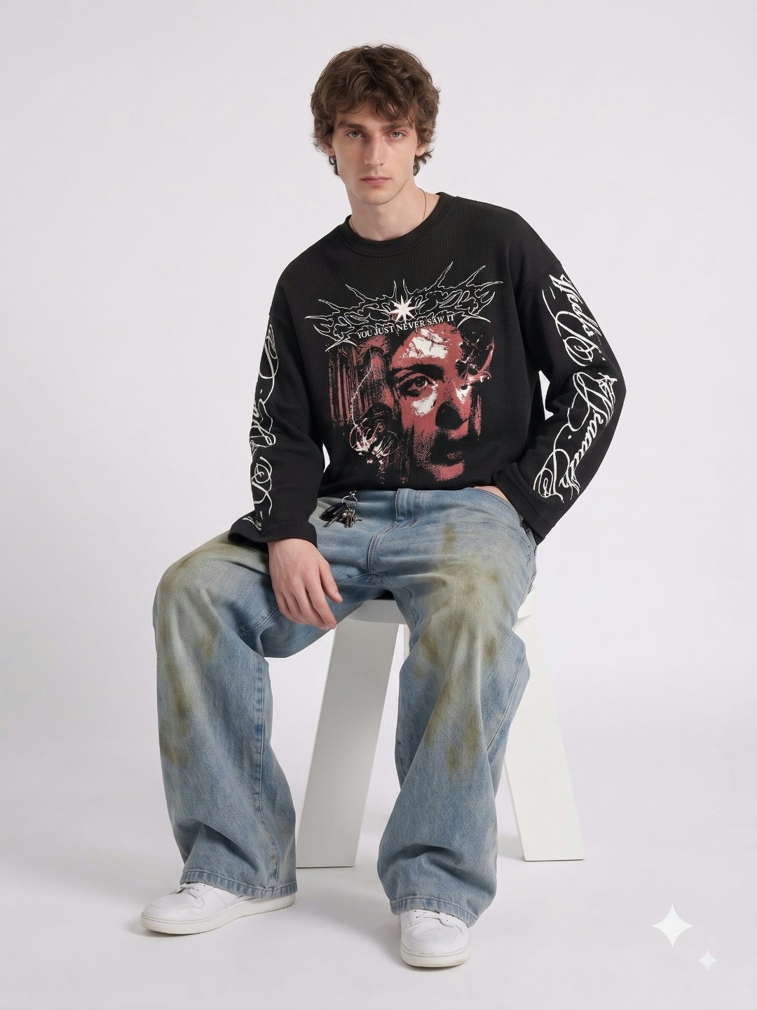 Dreaming Souls Oversized Waffle Full Sleeves T-Shirt – Black - View 3